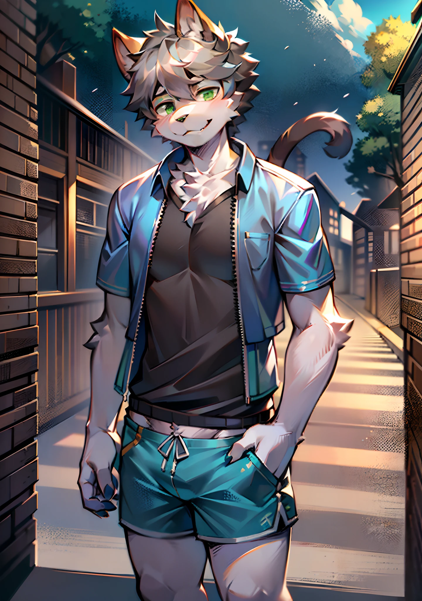 eyes with brightness, in a panoramic view, Character Focus Solo, shaggy, Furry male cat, White fur for men, Green eyes, Gray hair(The long),Wear blue shorts and shorts,CasualClothing,Young style,height of one meter seven,Handsome, a cat tail,