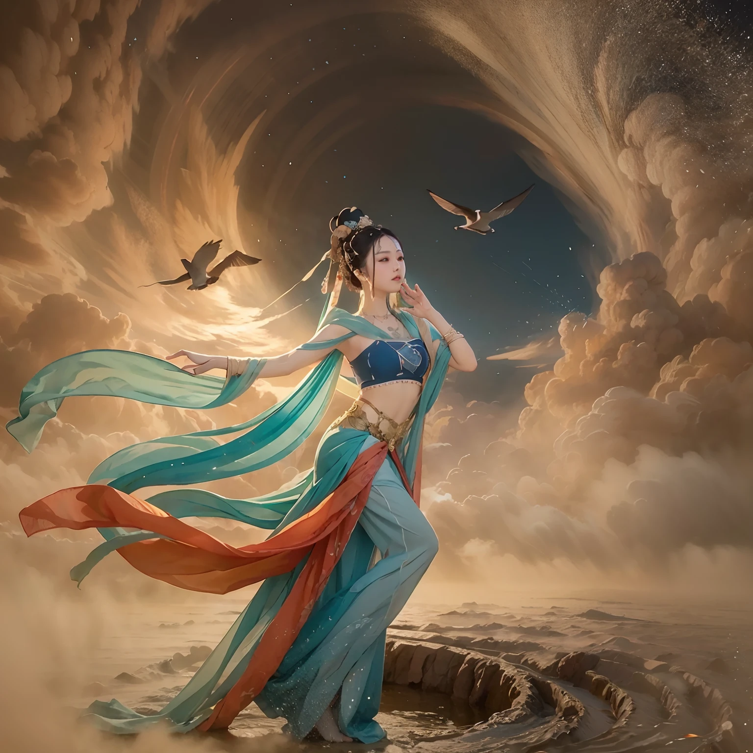 (8K, RAW photo, Best quality, tmasterpiece:1.2), (Realistic, photo-realistic:1.4), (Extremely detailed Cg Unity 8K wallpapers), ,1 girl solo, Dance, dunhuang_dress, dunhuang_Style, dunhuang_Background,Flight flyers arrive,Wearing a royal blue robe,Bounce the lute,It's like dancing in the clouds, Surrounded by a sea of clouds and birds,It's a fantastic wonderland,Clouds are meticulously outlined in the fresco,Layer by layer,It was as if there were clouds drifting;And those birds,Soar above the sea of clouds,Looks natural,Very energetic