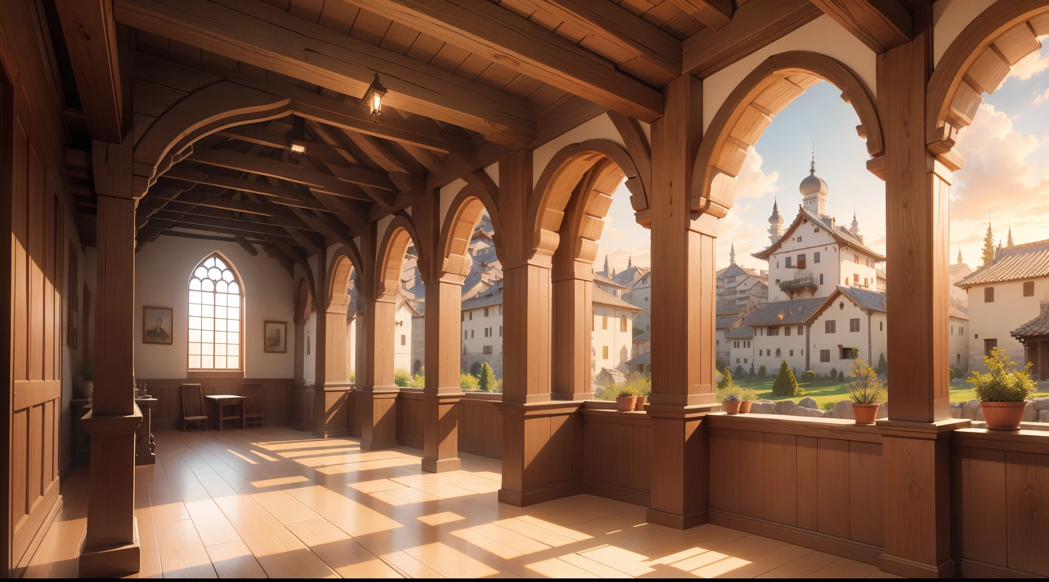 Buildings with wooden beams, Buttress, liang, Wooden support, interior view,、Ghibli、Made of stone and wood、hiquality、medieval times、Western style、Italian style、Salon、The back is a wall with no windows.