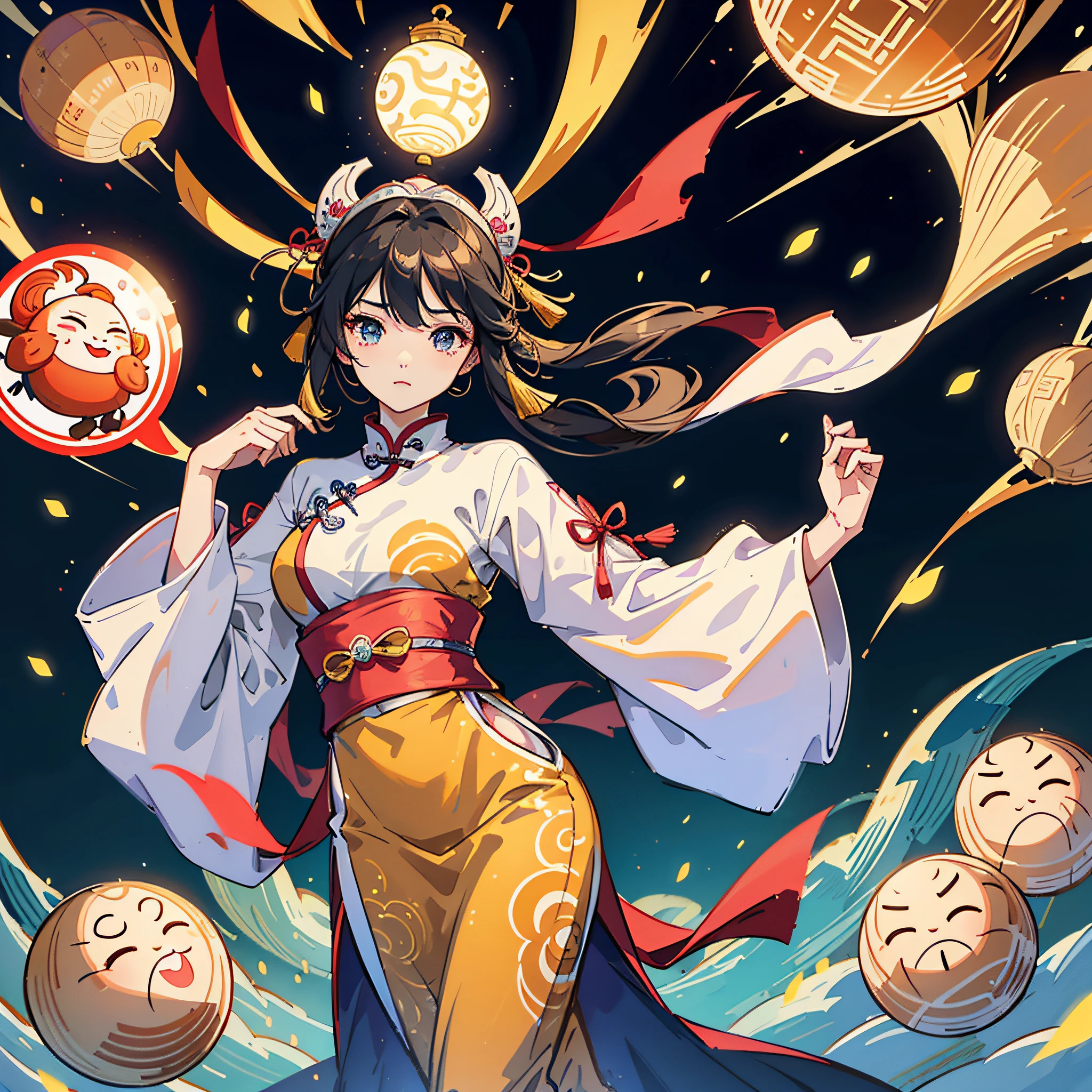 Mid-Autumn Festival, an ancient Chinese myth, a beautiful Chang'e with long hair, is flying. The face is exquisite and detailed, and the posture is very elegant. Wearing ancient Chinese clothes, the clothes have ribbons, and the patterns are exquisite and detailed, chinese traditional illustration style, digital art, simple background, white background masterpiece, best quality, ultra-detailed, high quality, 4k --auto