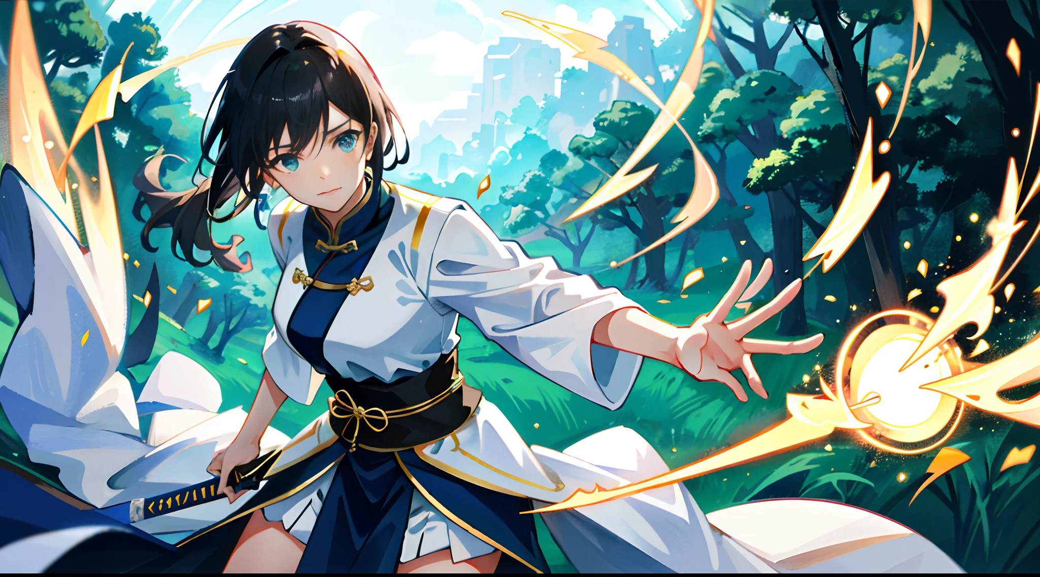 Chinese female swordsman，Wearing white Hanfu，Ancient Chinese Cold Weapon Sword 1.4，Put your feet on the glowing sword, You levitate over the forest，Green forest background，Swirling cyan glow，Essence Immortal 1.5，Tyndall effect，Glow effect，Estilo de Makoto Shinkai，Optoelectronic style，Meticulous brushstrokes，Realistic pop music，New School Beast，Knolling，8K，Golden Tornado、Neatly arranged，Fantastic landscape, The light of the knife around the character