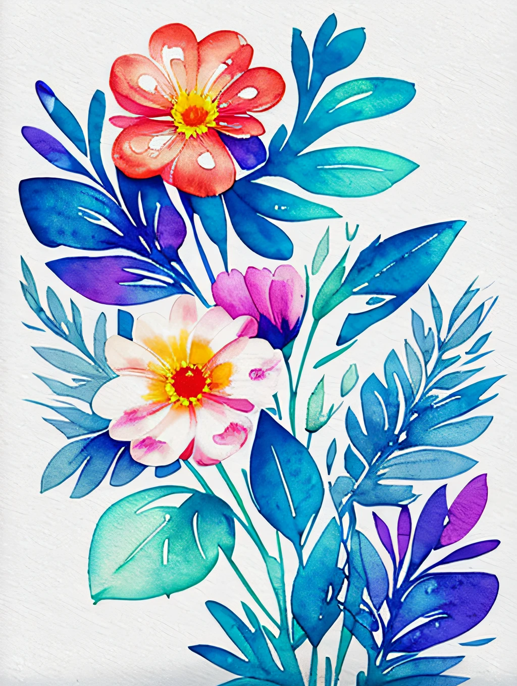 watercolor, flower, beautiful, watercolor style, flower and leaf patterns, wet on wet technique, muted, indigo, fabric design, flat illustration, highly detailed clean, vector image, masterpiece, professional, isometric, bright vector, white background, dry brush, brush strokes, painted on canvas, by J.M.W. Turner. expressive marks.