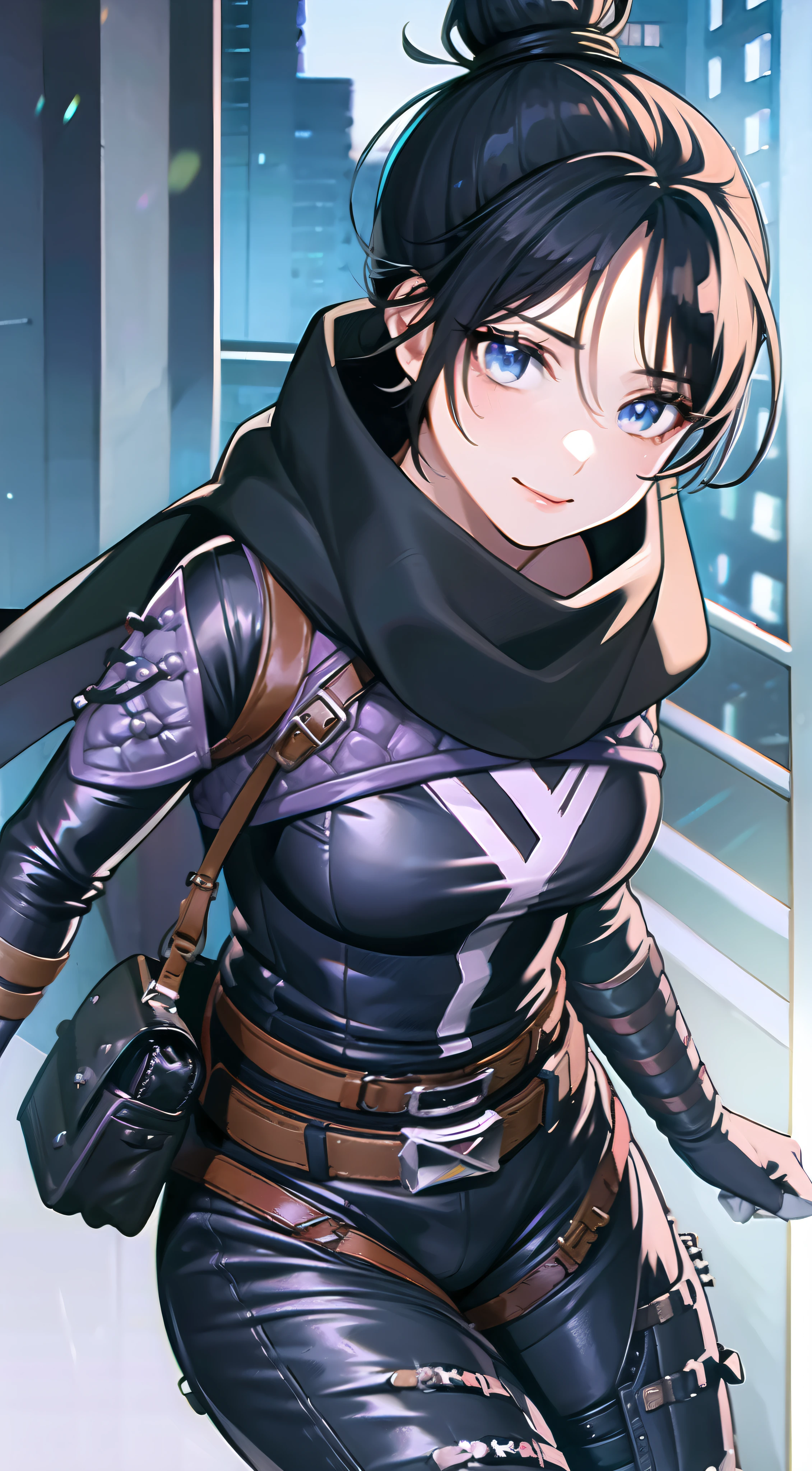 (masutepiece, Best Quality:1.2), wraith (Apex Legends), 1girl in, Solo, Single hair bun, Hair bun, body suit, scarf, Black bodysuit, Holding, breasts, Black hair, Black scarf, Large breasts, Blue eyes, Belt bag, brown belt, Bangs, Parted bangs, hair behind ear, gloves, nose piercing, Black Gloves, Thigh strap, Looking at Viewer,A smile、cyberpunked、Wagas、(buliding:1.4)