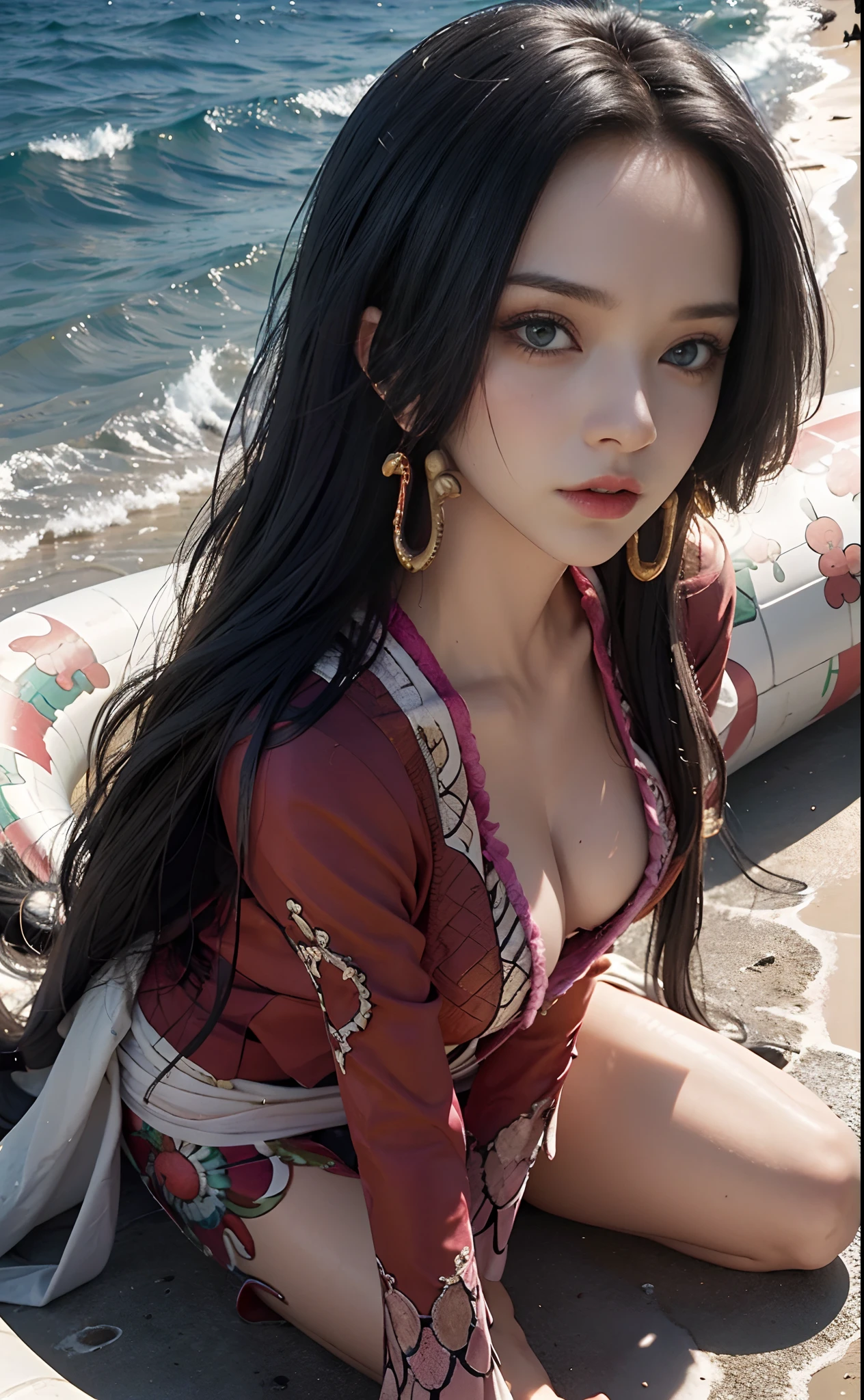 (((masterpiece+best quality+high resolution+ultra-detailed))), boa hancock, long silky black hair, high nose, sharp eyes, noble and inviolable temperament, (([female]: 1.2 + [beauty]: 1.2 + black long hair: 1.2)), snake_skull background, bright eyes, dynamic angle and posture, full body shot, perfect feets, beach, sea, water,