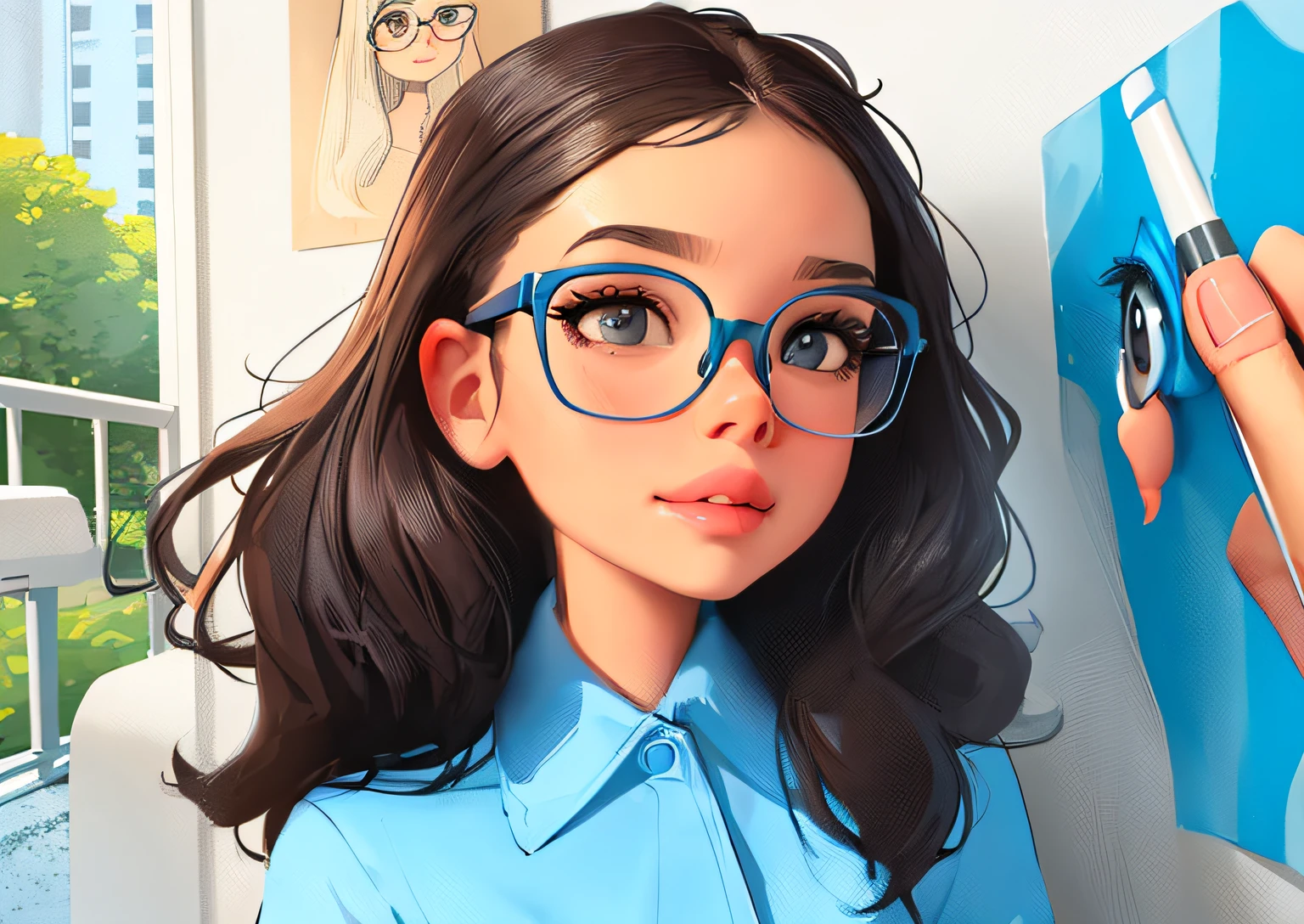 a close up of a girl with glasses and a blue shirt, realistic cute girl painting, cute portrait, 🤤 girl portrait, girl with glasses, cute detailed digital art, cartoon digital painting, realistic art style, cute detailed artwork, cute art style, beautiful drawing style, cartoon artstyle, realistic artstyle, adorable digital painting, digital cartoon painting art, cartoon art style; make it full body view