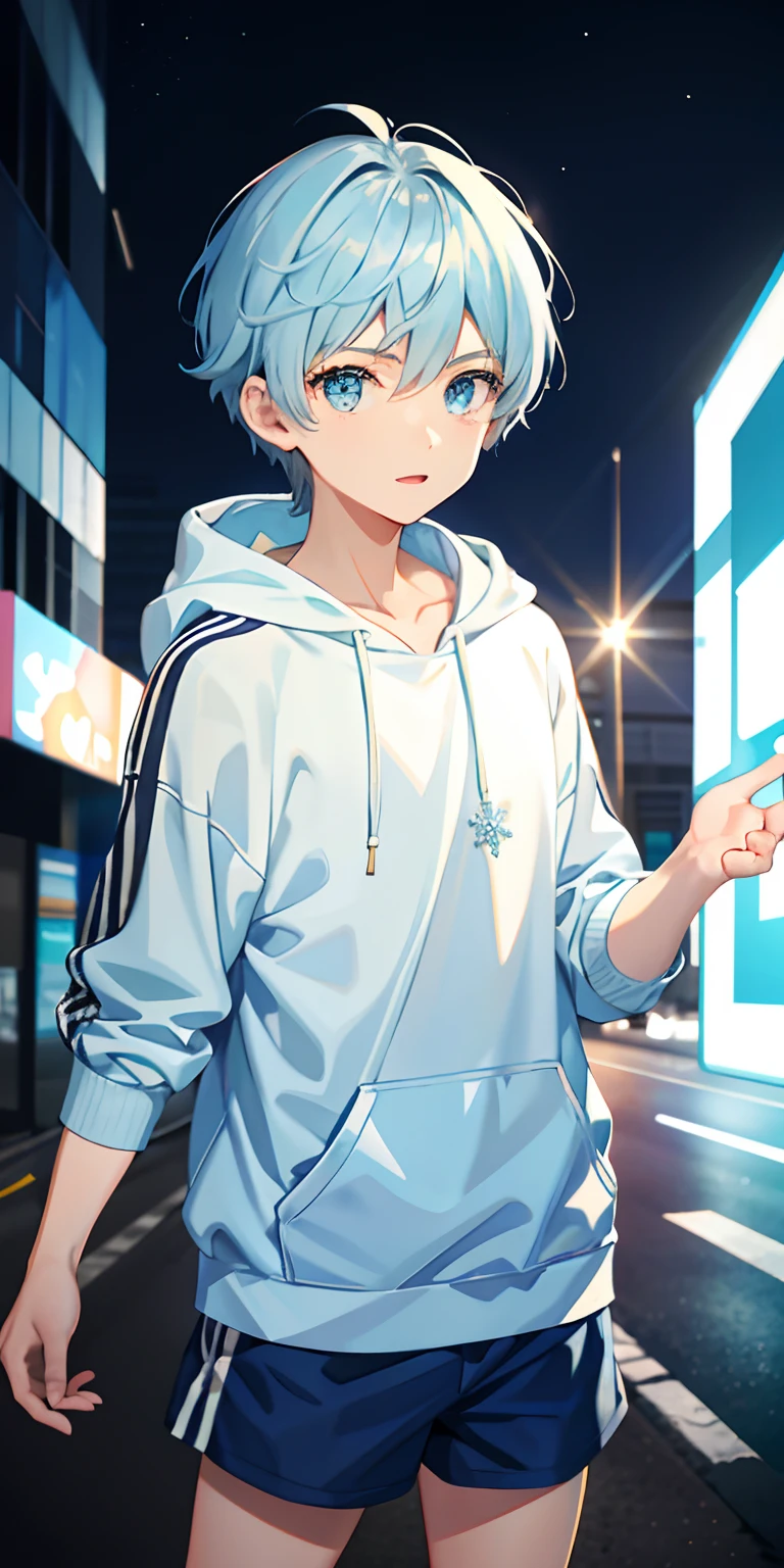 ung boy,Light blue anime short hair,blue color eyes,Blue and white hooded sweatshirt,Snowflake pattern,Light blue sports shorts,lively expression,greet,on road,tmasterpiece,nevando