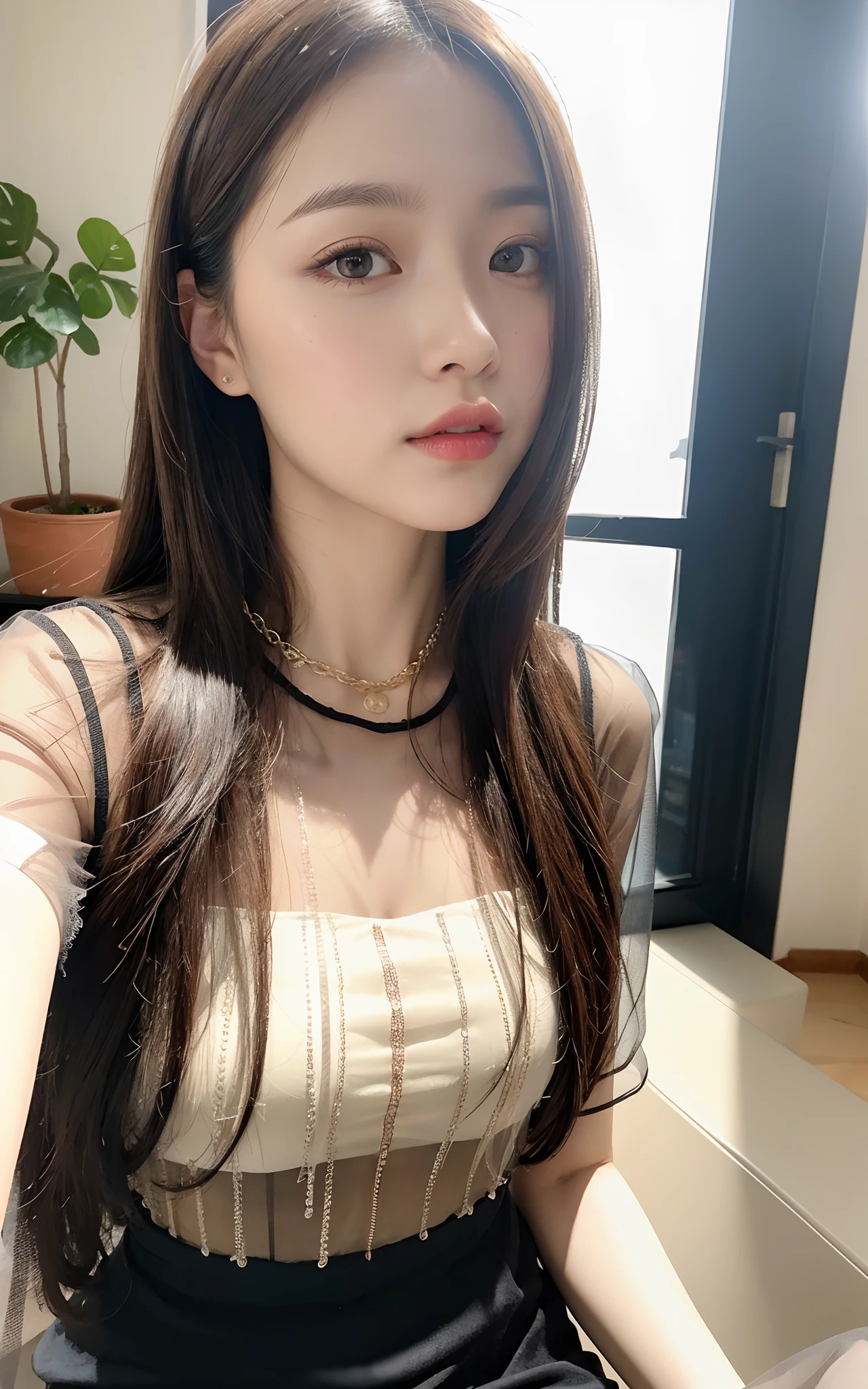 semi long hair、see through dress