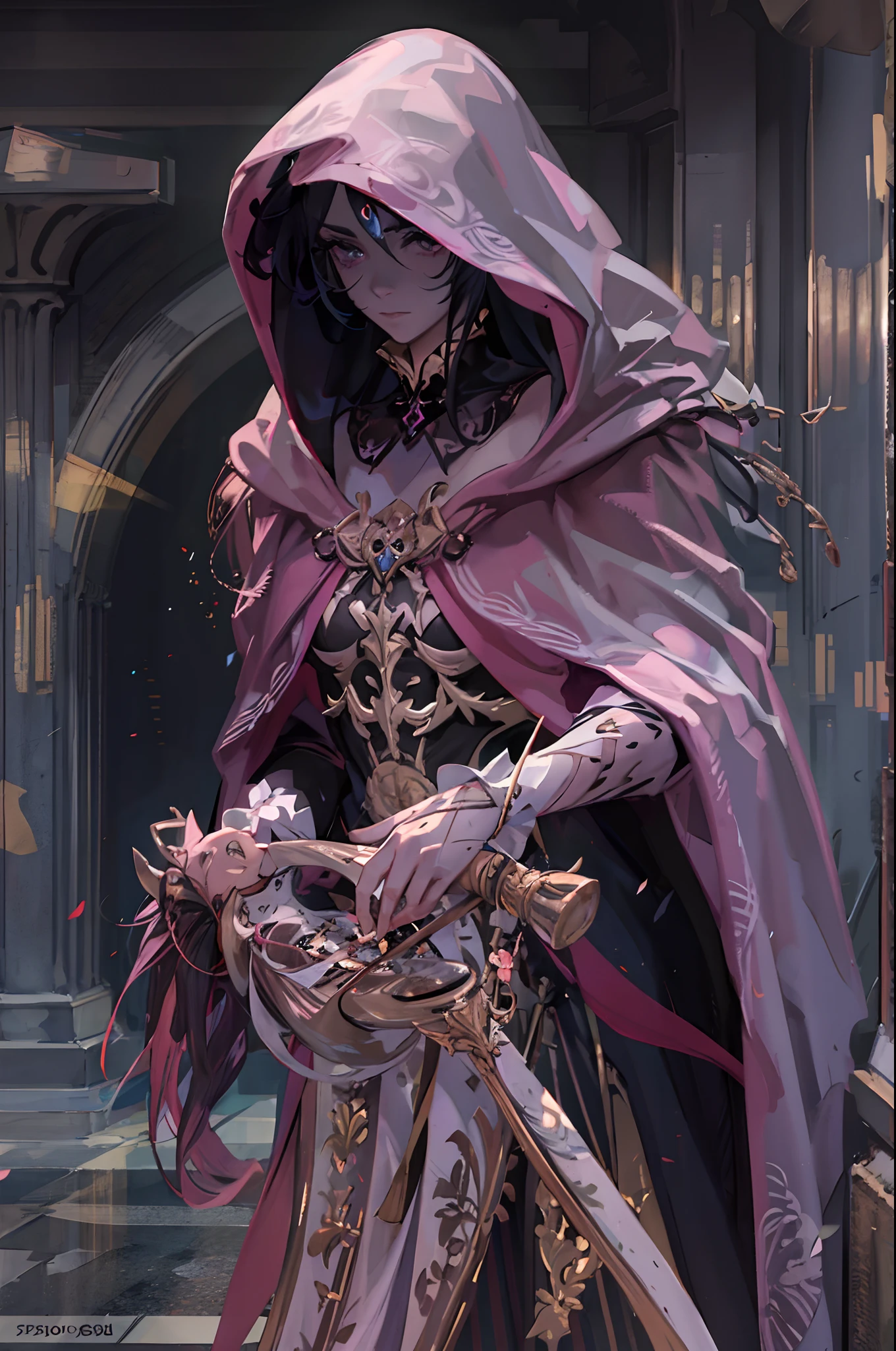 Cute hooded Grim Reaper shrouded in dark mist,Wielding a scythe,Emerge from the swirling shadows.Stand in the Cemetery of Forgotten Souls.(Light brown and light pink striped hair:1.3,),Perfect face,Proper body proportion,masutepiece,Super high-quality output images,超A high resolution,Intricate details,Very delicate and beautiful hair,photographrealistic,Dreamy,Professional Lighting,realistic shadow,Solo Focus,Beautiful hands,Beautiful fingers,Detailed finger features,detailed clothes features,Detailed hair features,detailed facial features,