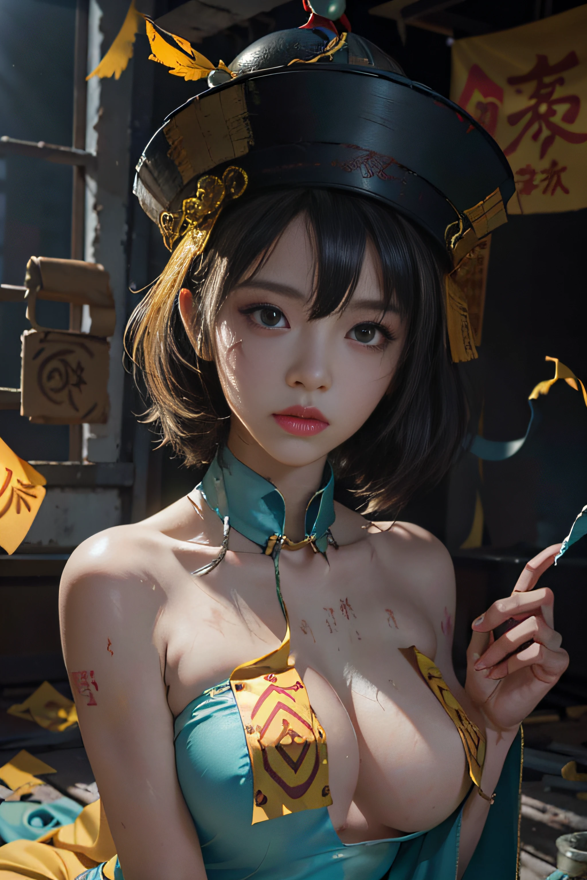 RAW, masterpiece, super fine photo, best quality, super high resolution, realistic, sunlight, a beautiful woman with yellow rune paper on her face, many yellow Taoist rune paper pasted on her body, worn cheongsam, female zombie, Hong Kong Lin Zhengying zombie movie character, cyan skin, fair skin, amazing beauty, dynamic pose, delicate face, abandoned warehouse background, messy, gorgeous, high detail skin, realistic skin details, sharp focus, volumetric light, 8k UHD, DSLR, high quality, film grain, Realism, lomography