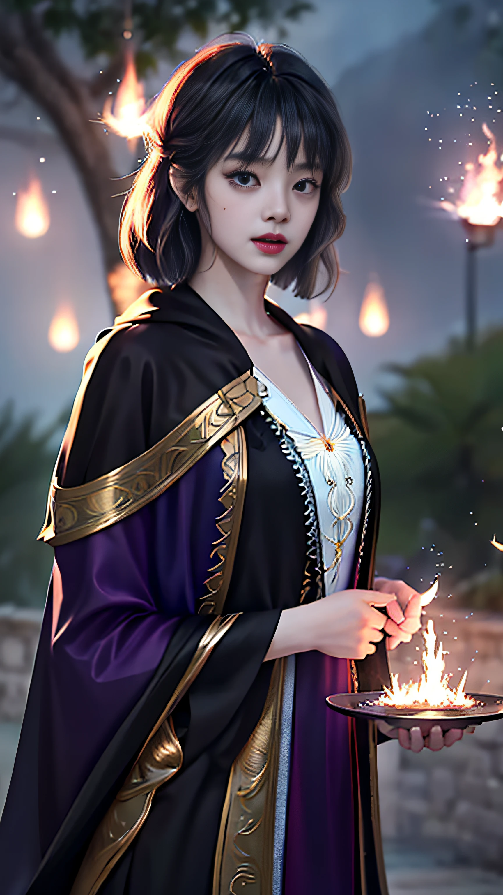 Super beautiful glowing big eyes、(Skindentation:1.5)、reallistic、Photorealsitic、(masuter piece:1.5)、Concept art、intricate-detail、A highly detailed、Photorealsitic、Octane Rendering、8K、Unreal Engine、Dynamic Pause、top-quality、hight resolution、(Lifelike face:1.1)、 (surrealistic:1.1)、((full body Esbian))、perfect eyes、(shinny skin:1.2)、(((hairstyle on)))、(((perfect hand)))、(highly detailed back ground)、((Moving background) )、((Lightning))、(llight rays)、((1girl in))、I'm wearing a cloak、(((flowing cloak)))、((finely eye、quality eyes、Quality face))、(extremely intricate robes、magical robe)、short-hair、Lightning、electricity、swirling fire、radiating power、spark of light、fumo、magia、((Dramatic))、epicd、battle field、depth of fields、Bokeh、4K、gotik、embers、Particle