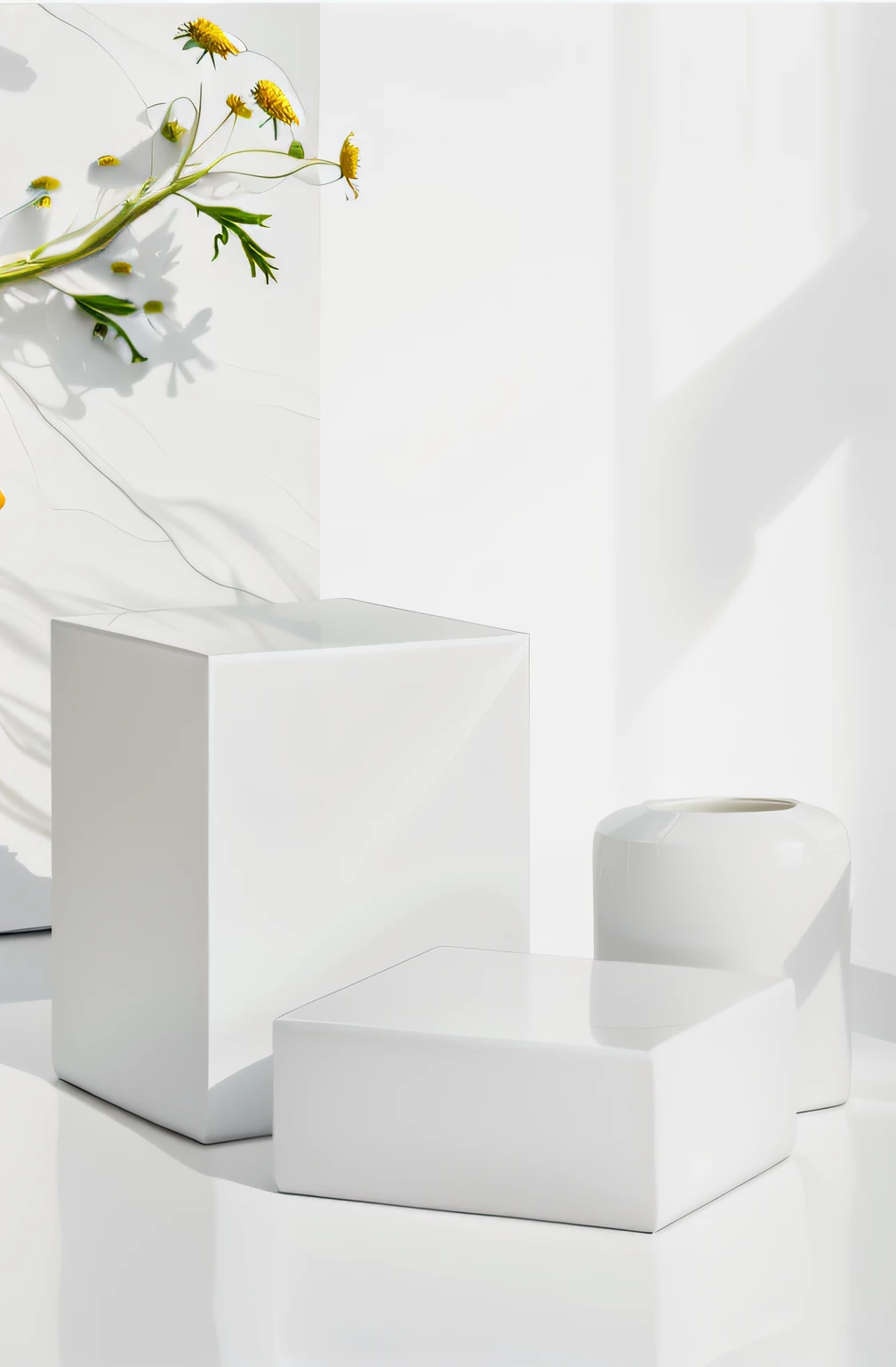 Two white cube holders and one white cylindrical bracket,Clean 3D rendering studio background,personal room background,There is a chamomile plant in the background。The background is a pure white room,Showcase 3D products in 3D rendering style,The booth is in the shape of white ceramics,Presents the effect of organic ceramic white。all white render,Use bright white porcelain,On the table are cubes。Cube products,textured base;On the white table,Natural light background,Wrap around the white space,Macro stage,socle,Blank shelf,product showcase。White and warm colors。