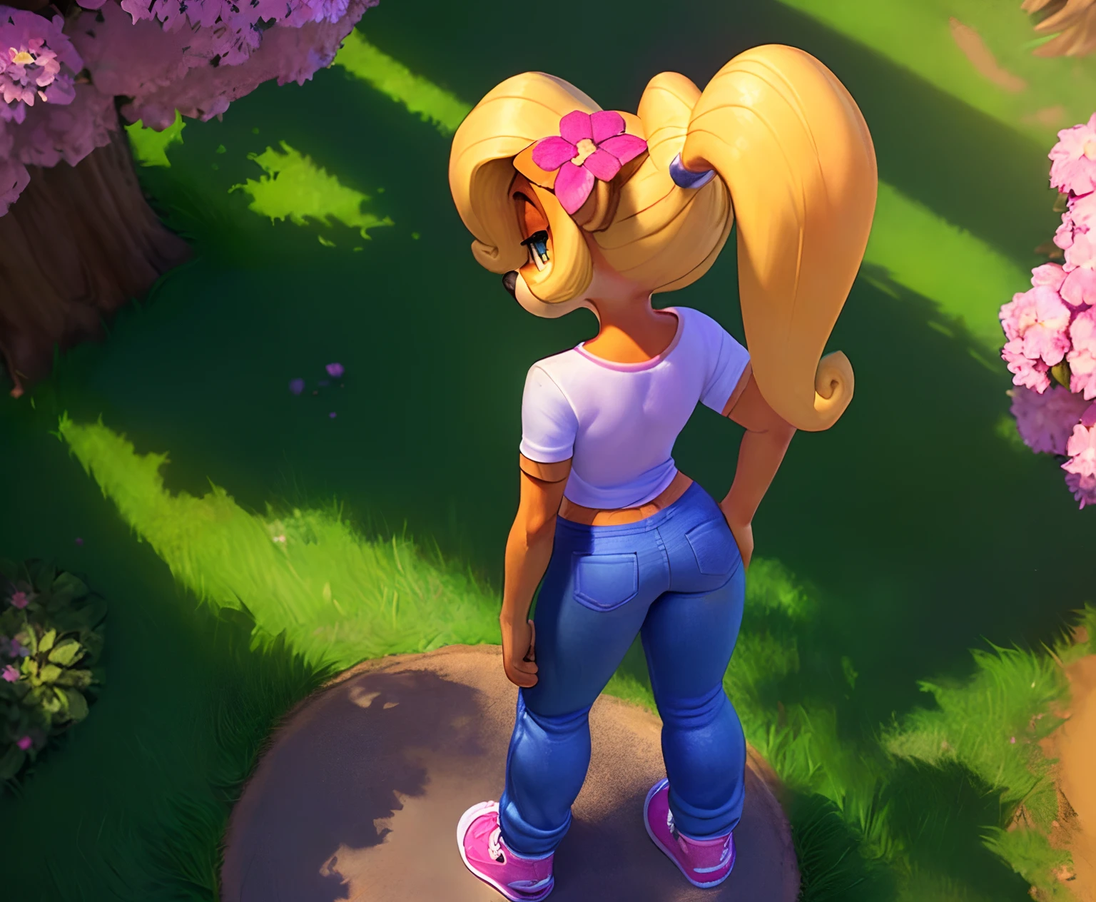 [Coco bandicoot], [Uploaded to e621.net; (Pixelsketcher), (wamudraws)], ((masterpiece)), ((solo portrait)), ((back view)), ((bird's-eye view)), ((shoes visible)), ((1girl)), ((furry; anthro)), ((detailed fur)), ((detailed shading)), ((beautiful 3D art)), {anthro; (orange fur, black nose), cute green eyes, blonde hair, curly ponytail, curly bang, frown}, {(white shirt), (blue jeans), (pink flower in hair), (pink sneakers)}, {(standing), (hands on hip), (looking back)}, [background; flower plains; (trees, sun rays through trees)]