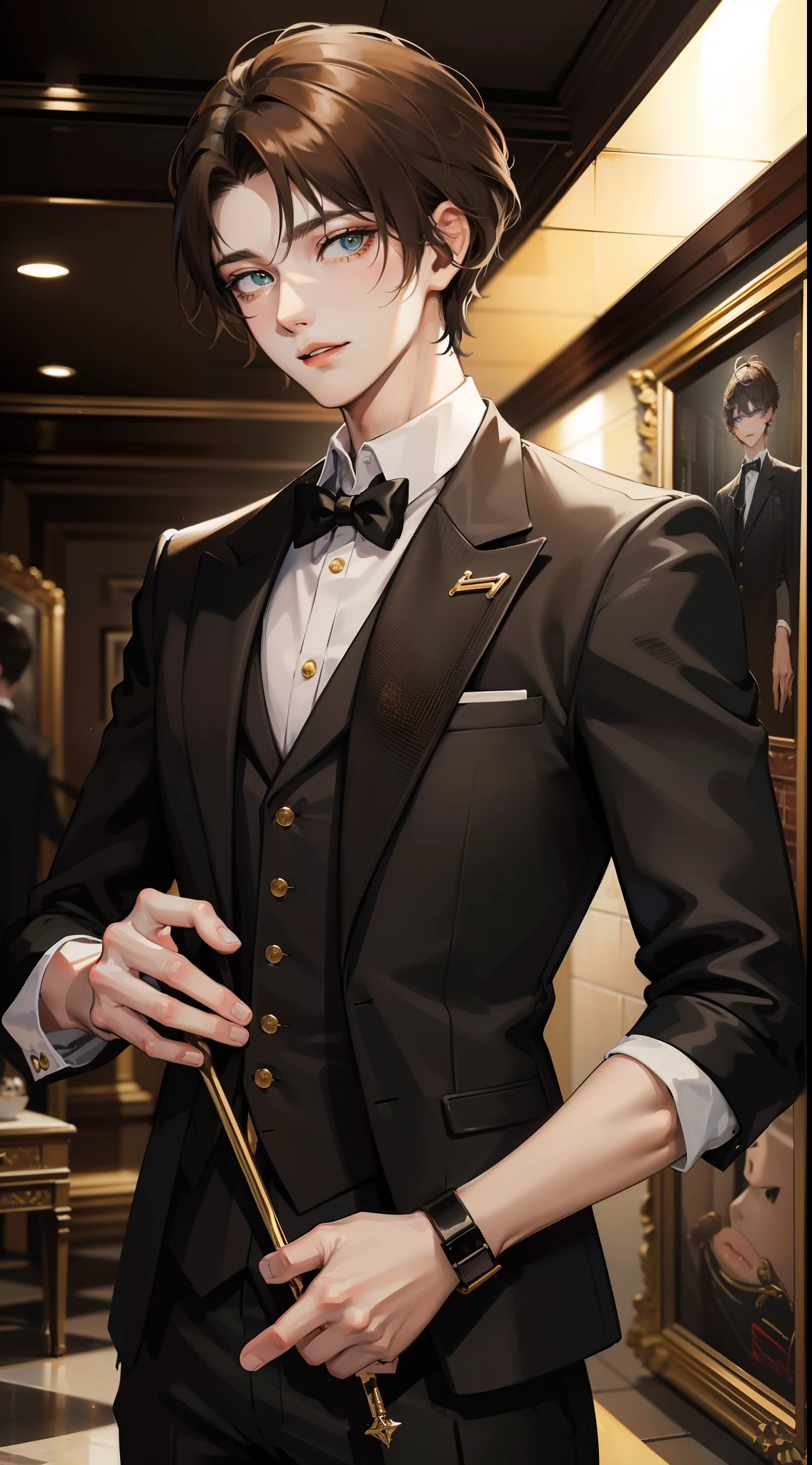Young guy, short brown hair, Cyan eyes, Black suit with gold elements, Masterpiece, hiquality