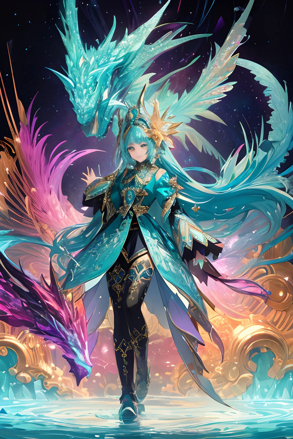 （tmasterpiece，Beauty and aesthetics：1.2），（1girll：1.3），Cyan armor，The is very detailed，（s fractal art：1.1），（a color：1.1）（Eau：1.3），highest details，（Green Dragon：1.4），（dynamicposes），（abstract backgrounds：1.3），（shiny skins），（many color：1.4），adorned in majestic attire，Absurd behavior，fully body photo，Eau，Water，eletric，（full bodyesbian：1.2）