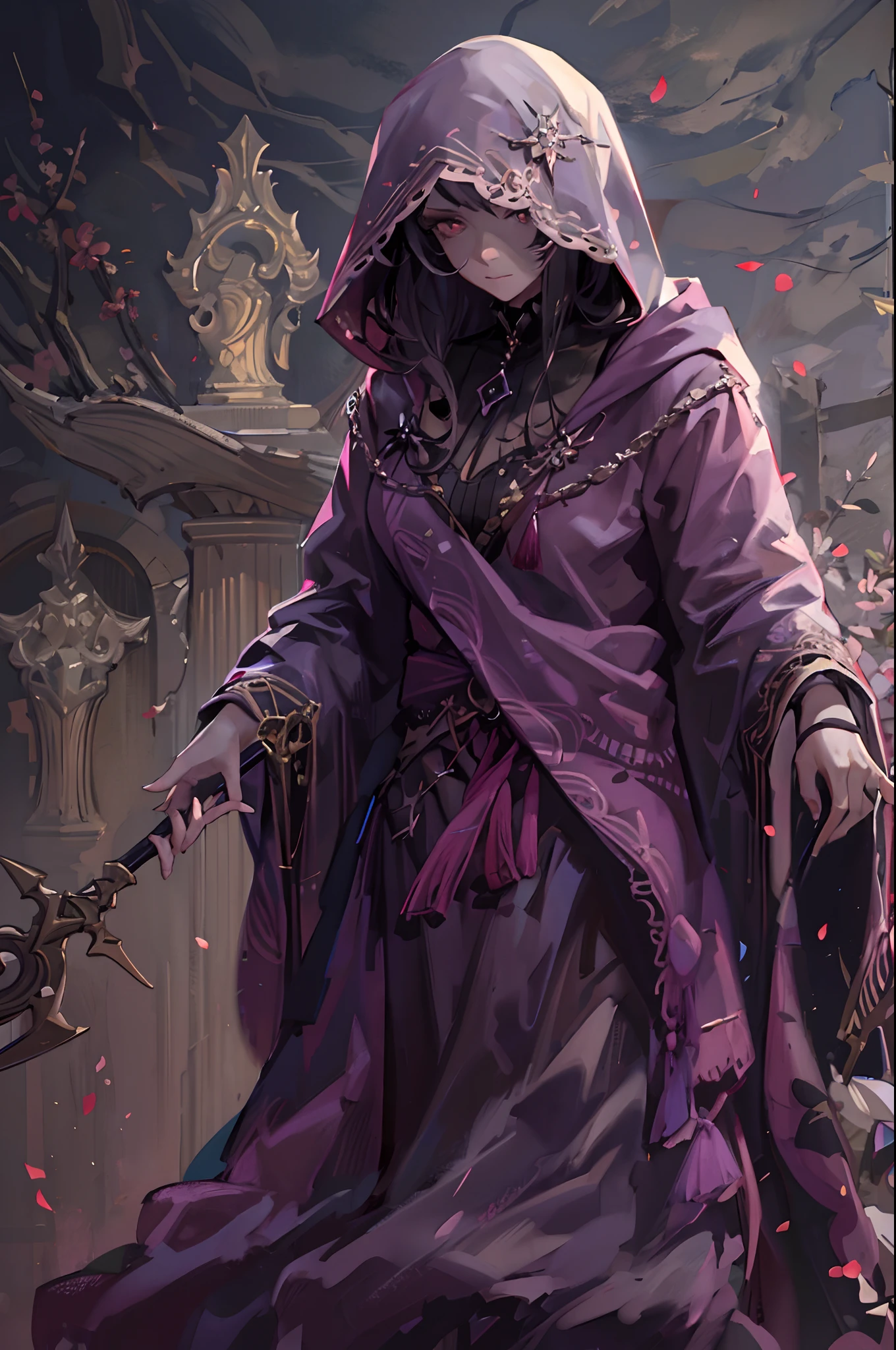 Cute hooded Grim Reaper shrouded in dark mist,Wielding a scythe,Emerge from the swirling shadows.Stand in the Cemetery of Forgotten Souls.(Light brown and light pink striped hair:1.3,),Perfect face,Proper body proportion,masutepiece,Super high-quality output images,超A high resolution,Intricate details,Very delicate and beautiful hair,photographrealistic,Dreamy,Professional Lighting,realistic shadow,Solo Focus,Beautiful hands,Beautiful fingers,Detailed finger features,detailed clothes features,Detailed hair features,detailed facial features,