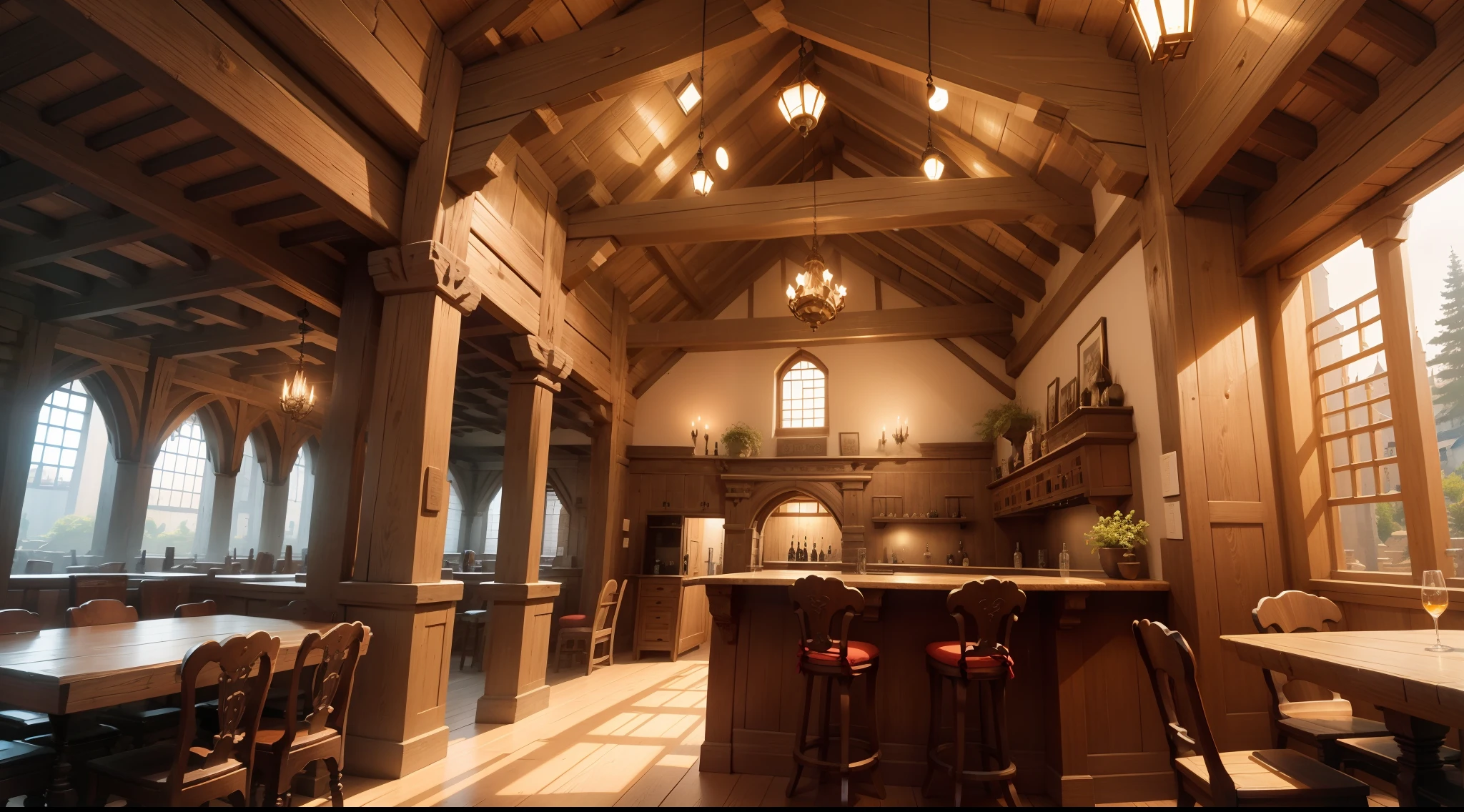 Buildings with wooden beams, Buttress, liang, Wooden support, interior view,、Ghibli、Made of stone and wood、hiquality、medieval times、Western style、Italian style、Salon、The back is a wall without windows、bar、There are no people、silence
