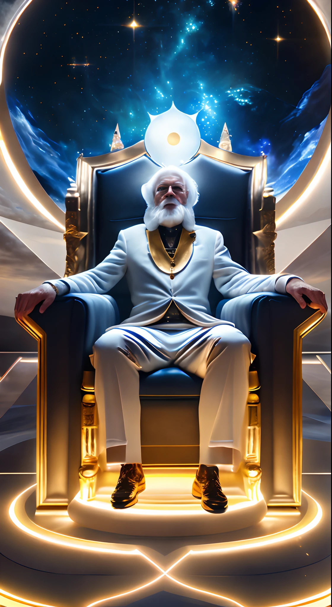 super high resolution, best quality, photo, 16k, (photorealistic: 1.2), cinematic lighting, An old man in the shape of a mythical god. Depict the god holding the sun and moon, enveloped by a radiant aura. Seat them on a magnificent throne within a cosmic backdrop, in bright white cloaks floating on the crystal throne, floating on crystal clouds, surrounded by the splendors of the universe. Pay meticulous attention to stunning details and achieve a resolution of 64K for an immersive and realistic visual experience. Let your work capture the essence of myth and wonder, leaving viewers in awe of its beauty and power.