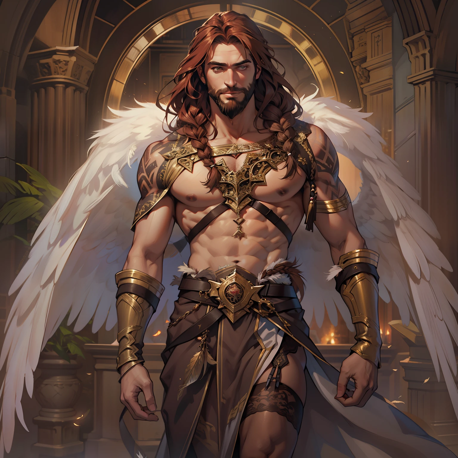 He is an Archangel. He has very long auburn hair that reaches the middle of his back, adorned with a few braids and decorated with feathers. He is extremely tall with a beard and dark brown eyes. He is known as a gentle giant. He is wearing Lingerie.