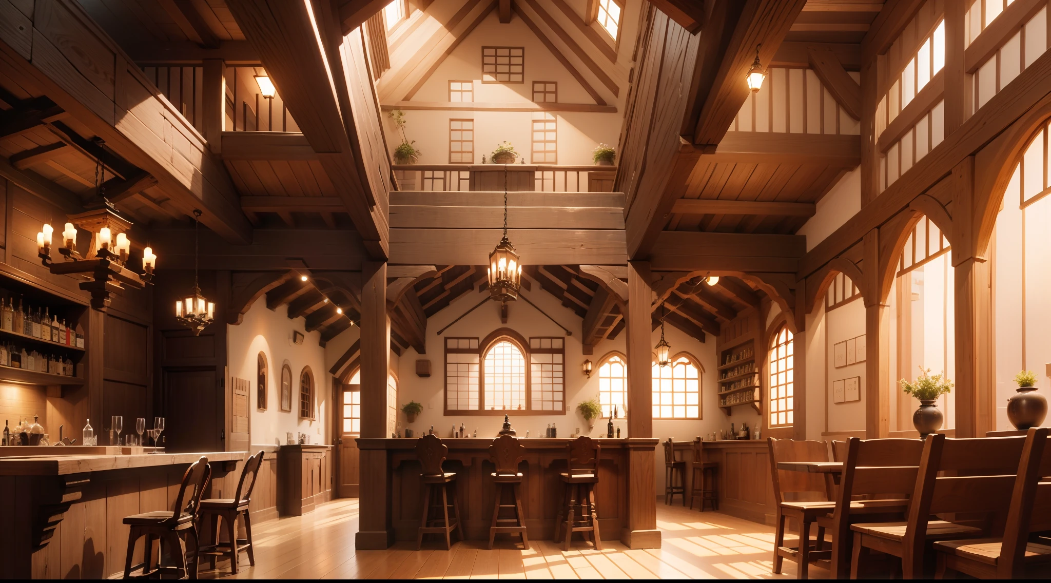 Buildings with wooden beams, Buttress, liang, Wooden support, interior view,、Ghibli、Made of stone and wood、hiquality、medieval times、Western style、Italian style、Salon、The back is a wall without windows、bar、There are no people、silence