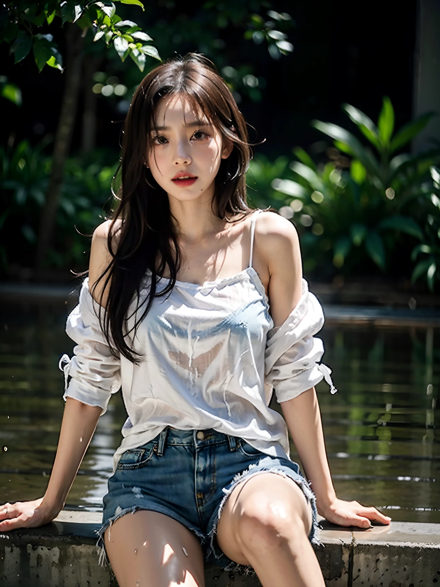 8K quality,超高分辨率,Highest fidelity,photore,1girll,white shirt,Ragged denim shorts,White sneakers,dimly lit,darkly,be desperate,pitying,cute little,cinematic ligh,tears,tear drop,Torn clothes 1.5,Wet clothes 1.4,exposed bare shoulders,Real rain,Wet hair,Wet translucent clothes