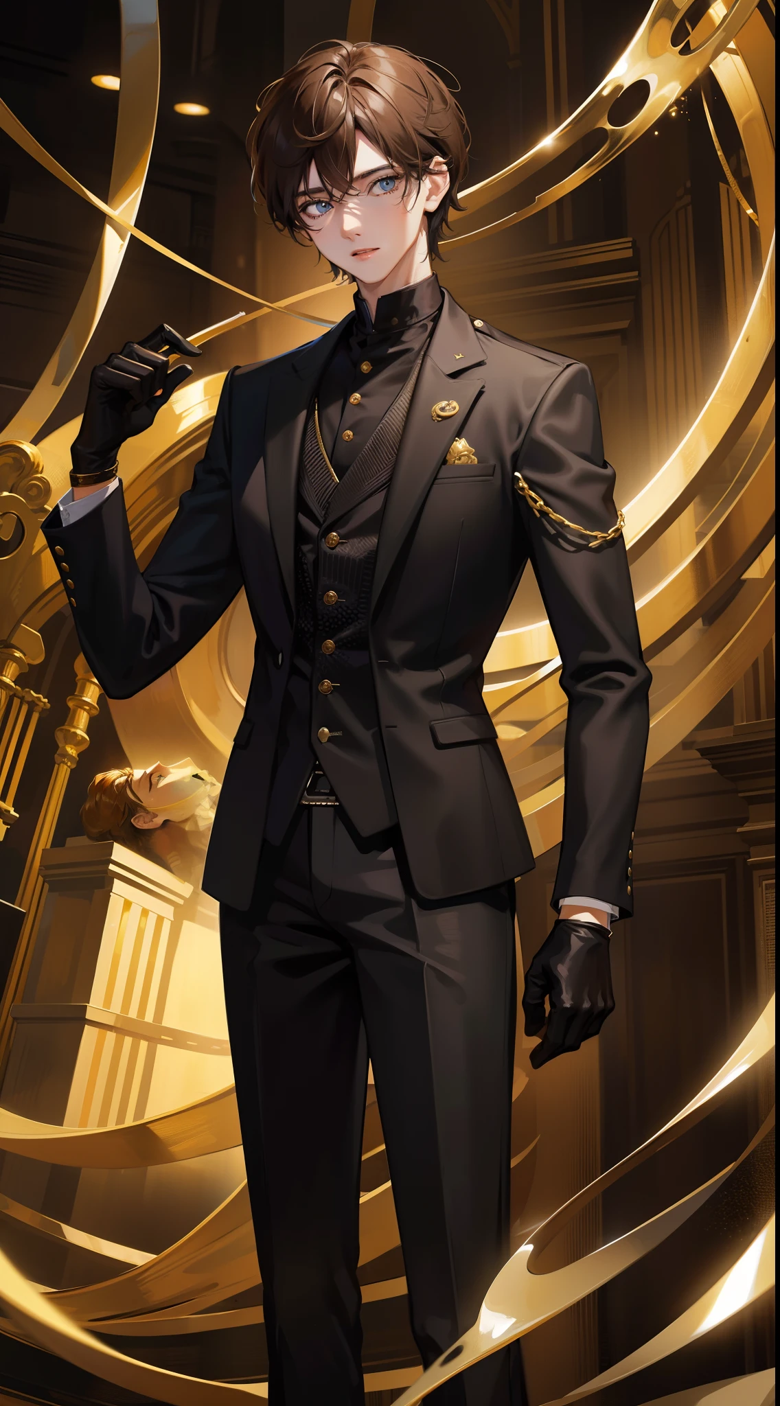 Young guy, short brown hair, Cyan eyes, Black suit with gold elements, Masterpiece, hiquality