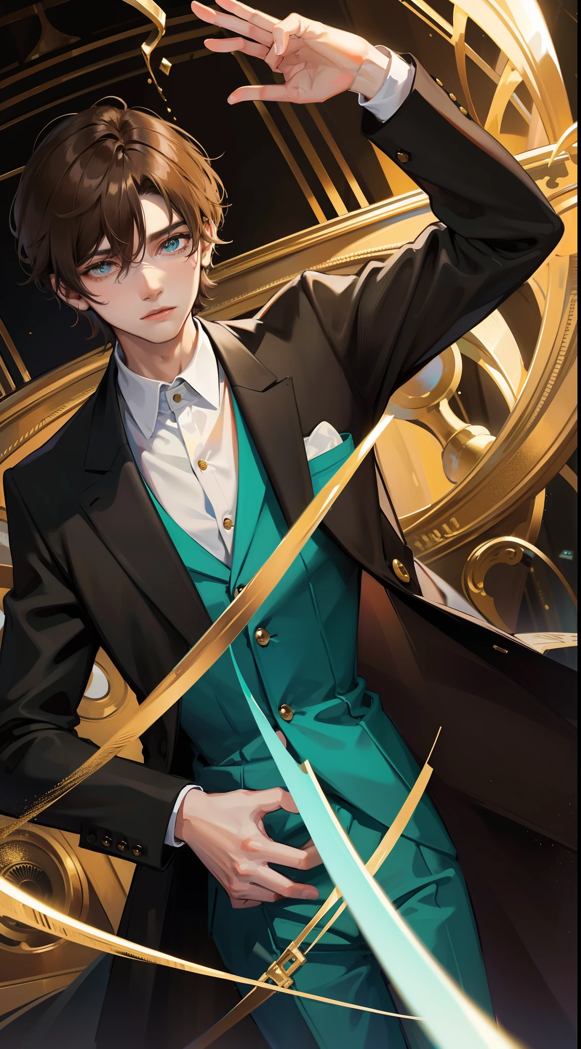 Young guy, short brown hair, Cyan eyes, Black suit with gold elements, Masterpiece, hiquality