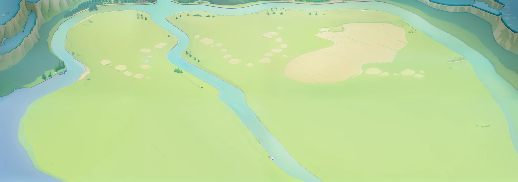 There is a river map and an island, river in the background, with a river running through it, background aerial battle, arte de fundo, Small river, river confluence, simple fantasy map, flood plain, background hyper detailed, extensive grasslands, Game map, random background scene, grassy fields, near a river