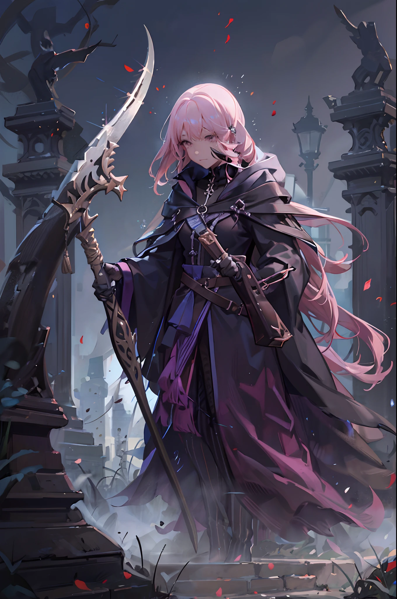 Cute hooded Grim Reaper shrouded in dark mist,Wielding a scythe,Emerge from the swirling shadows.Stand in the Cemetery of Forgotten Souls.(Light brown and light pink striped hair:1.3,),Perfect face,Proper body proportion,masutepiece,Super high-quality output images,超A high resolution,Intricate details,Very delicate and beautiful hair,photographrealistic,Dreamy,Professional Lighting,realistic shadow,Solo Focus,Beautiful hands,Beautiful fingers,Detailed finger features,detailed clothes features,Detailed hair features,detailed facial features,