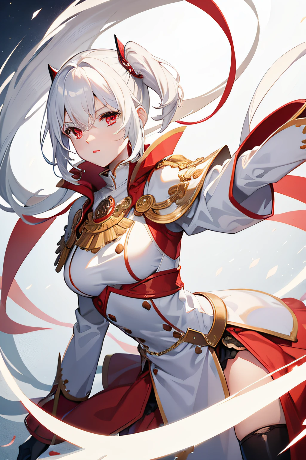 Need,tmasterpiece,with short white hair,Red eyes,Manteau blanc,dynamicposes,The upper part of the body,Hairline,with brown skin,High pony tail