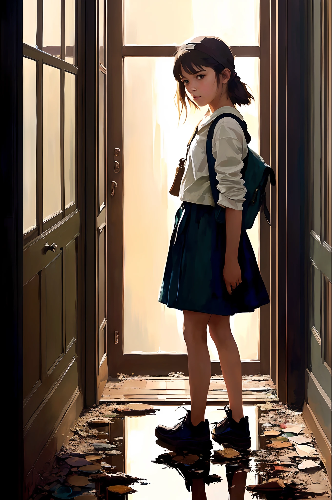 modelshoot style, school bag, (extremely detailed CG unity 8k wallpaper), (full shot body photo of the most beautiful artwork in the world, old abandoned hallway at day with a medium shot of a girl student:1.4), water, damp, dirty, refraction, reflections, mirrors, prisms, sunlight, glowing lights!! oil painting, high contrast, intricate elegant, highly detailed, smooth, sharp focus, illustration, eyes reflecting into eyes reflecting to infinity, photorealistic painting by Ed Blinkey, Atey Ghailan, Studio Ghibli, by Jeremy Mann, Greg Manchess, Antonio Moro, alphonse mucha, trending on ArtStation, trending on CGSociety, Intricate, High Detail, Sharp focus, dramatic, photorealistic painting art by midjourney and greg rutkowski