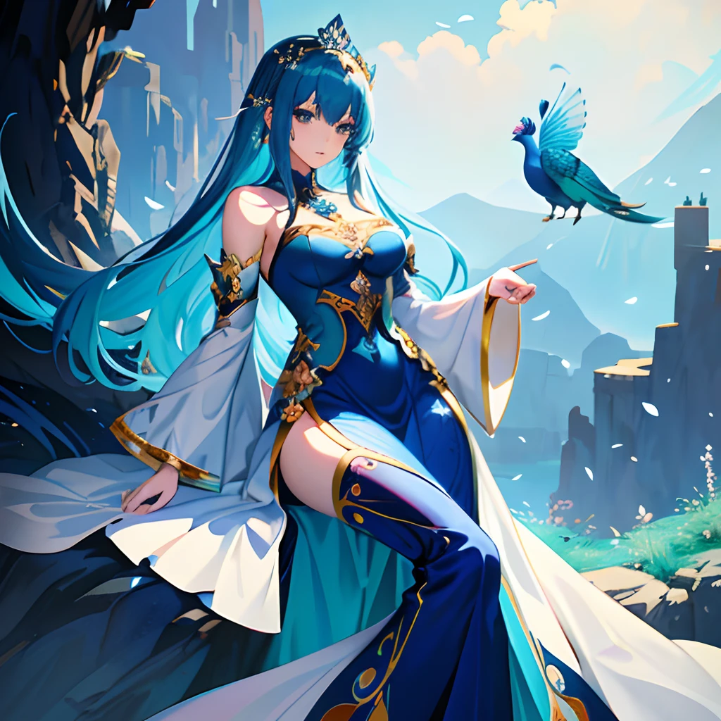 Anime - style illustration of a woman in a blue dress and a peacock, trending on artstation pixiv, beautiful fantasy anime, ((a beautiful fantasy empress)), Anime fantasy illustration, Anime fantasy artwork, a beautiful fantasy empress, Guweiz in Pixiv ArtStation, Guweiz on ArtStation Pixiv, 8K high quality detailed art