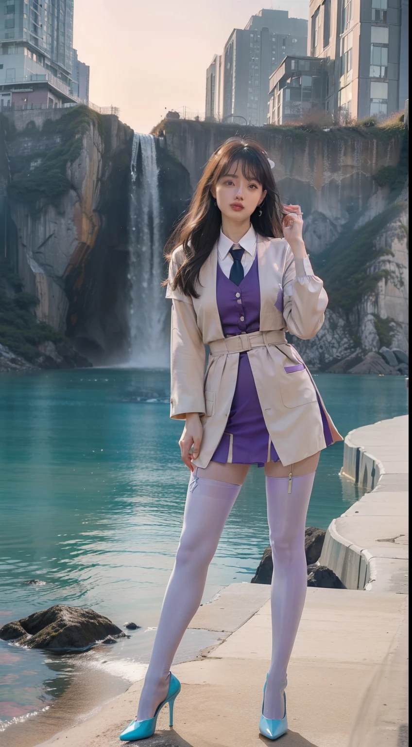 (full bodyesbian:2),(1girll:1.2)，(Reveal high heels，A perfect match to the picture:1.1)， (anatomy correct:1.3), (100D thickness pantyhose:1.4)，(The figure is at the top of the mountain|on a snowy mountain|over the sea|in  the water|On the boat|Top of high-rise building|On the street|in woods|at the lakes|In front of the waterfall|in an airplane|In space|In the palace|In glass|In the sewers|In the mud|in a Petri dish:1.1)，(Dressed in gorgeous Japanese printed JK student uniforms)， (Polished pointed toe heels:1.6), (Stockings reflective:1.5)，(In pink|amarelo|blue colors|green color|red colour|white colors|black in color|purpleish color|greys|Beige|Flesh-colored:1.3)，(Accurate and perfect face:1.4)，A shallow laugh,,hyper HD, Ray traching, reflective light，structurally correct, Award-Awarded, high detal, lightand shade contrast, Face lighting，cinmatic lighting, tmasterpiece, super detailing, high high quality, high detal, best qualityer, 16k，