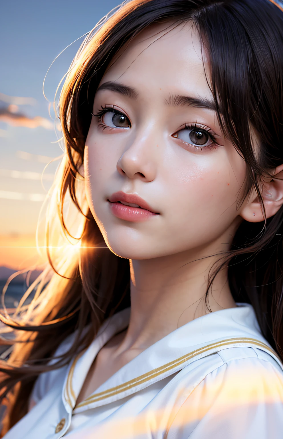 masutepiece, Best Quality, Movie Still, 1girl in, Cloud Girl, Floating in the sky, close-up, Bright, Happy, Warm and soft lighting, Sunset, (sparks:0.7), light Particle, Volumetric lighting