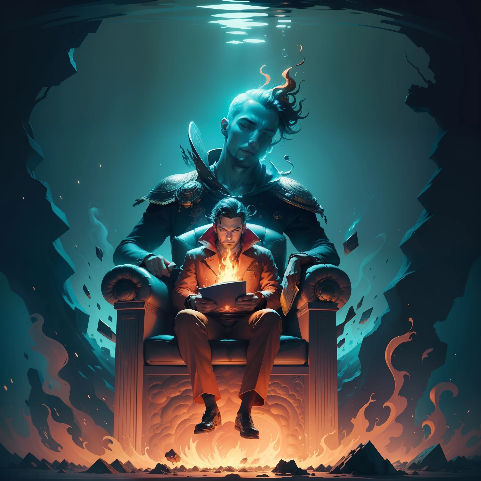 illustration of a man sitting on a chair with a fire in his head, sitting in his throne underwater, dramatic illustration, sitting down, tom hammick, colored illustration, surreal illustration, illustrative art, illustrative, burning down, overload, by Josan Gonzalez, by Yuko Shimizu, sitting on obsidian throne, digital illustration