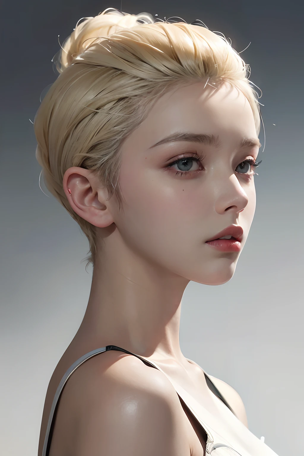 a 20 yo woman, blonde, (hi-top fade:1.3), dark theme, soothing tones, muted colors, high contrast, (natural skin texture, hyperrealism, soft light, sharp)
