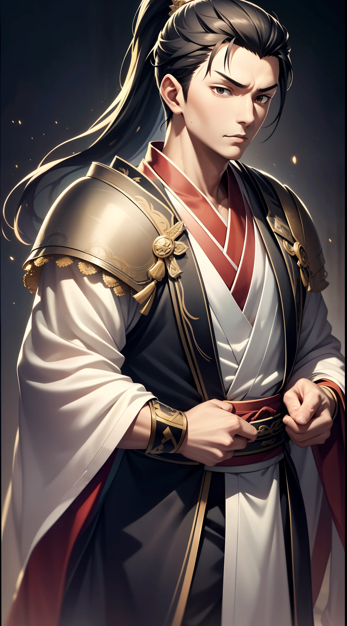 quadratic element,style of anime,mtu(Male Warrior),The proportions are correct,Face details,swordsmen,High ponytail hairstyle,Neck details,There is an Adam's apple,Black Hanfu,kaftan,Embroidered robes,Black robe,clothes details,Handing over,longer sleeves,Game quality,Swordsmanship,Light and shadow tracking,Ray traching,detailed glow,cg render,hair detail,long white hair,Black eyes,Handsome,Handsome,(juvenile sense),Clothing is complicated,Perfectcomposition,Refinement,high qulity,higher details,Lots of details,The background is complex,a sense of atmosphere,