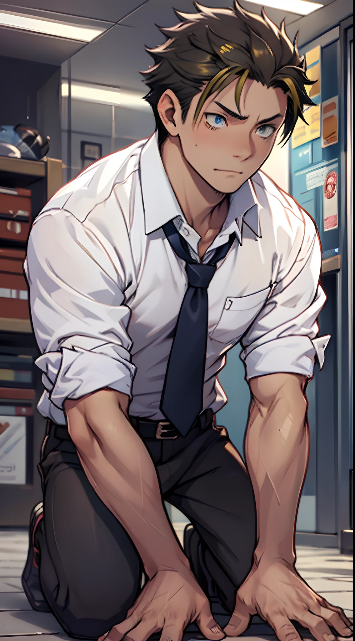 (1 Adult male),A high resolution, Sharp focus, Pixiv masterpiece, ((Complicated details)), highly detailed, natsuki_subaru, 1 man,black-skinned,Defeat, crestfallen,full bodyesbian,kneels on the ground, (A gesture of pleading),blue color eyes(eyes glowing), Short yellow hair,white shirt,Wear a tie,Wear a belt,perspire,look from down