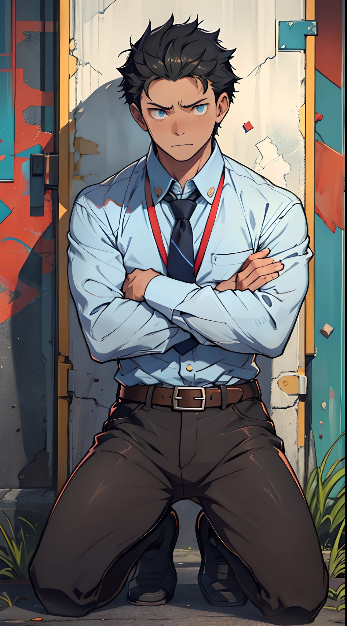 (1 Adult male),A high resolution, Sharp focus, Pixiv masterpiece, ((Complicated details)), highly detailed, natsuki_subaru, 1 man,black-skinned,Defeat, crestfallen,full bodyesbian,kneels on the ground, (A gesture of pleading),blue color eyes(eyes glowing), Short yellow hair,white shirt,Wear a tie,Wear a belt,perspire,look from down
