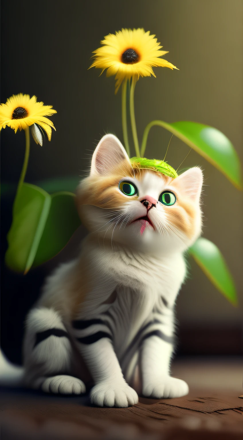 Very cute furry white tropical punk kitten，largeeyes，fresh flowers，Flowers，full bodyesbian，Keep one's mouth shut，laughingly，adolable，sprout，Professional light，Depth of field 8K，Golden Magic Hour，professional photoshooting，rendering by octane，Ultra realistic - amazing sunlight，dynamic compositions，photography of，Sharp focus，Background bokeh，Keep one's mouth shut，adolable，sprout，laughingly!!!