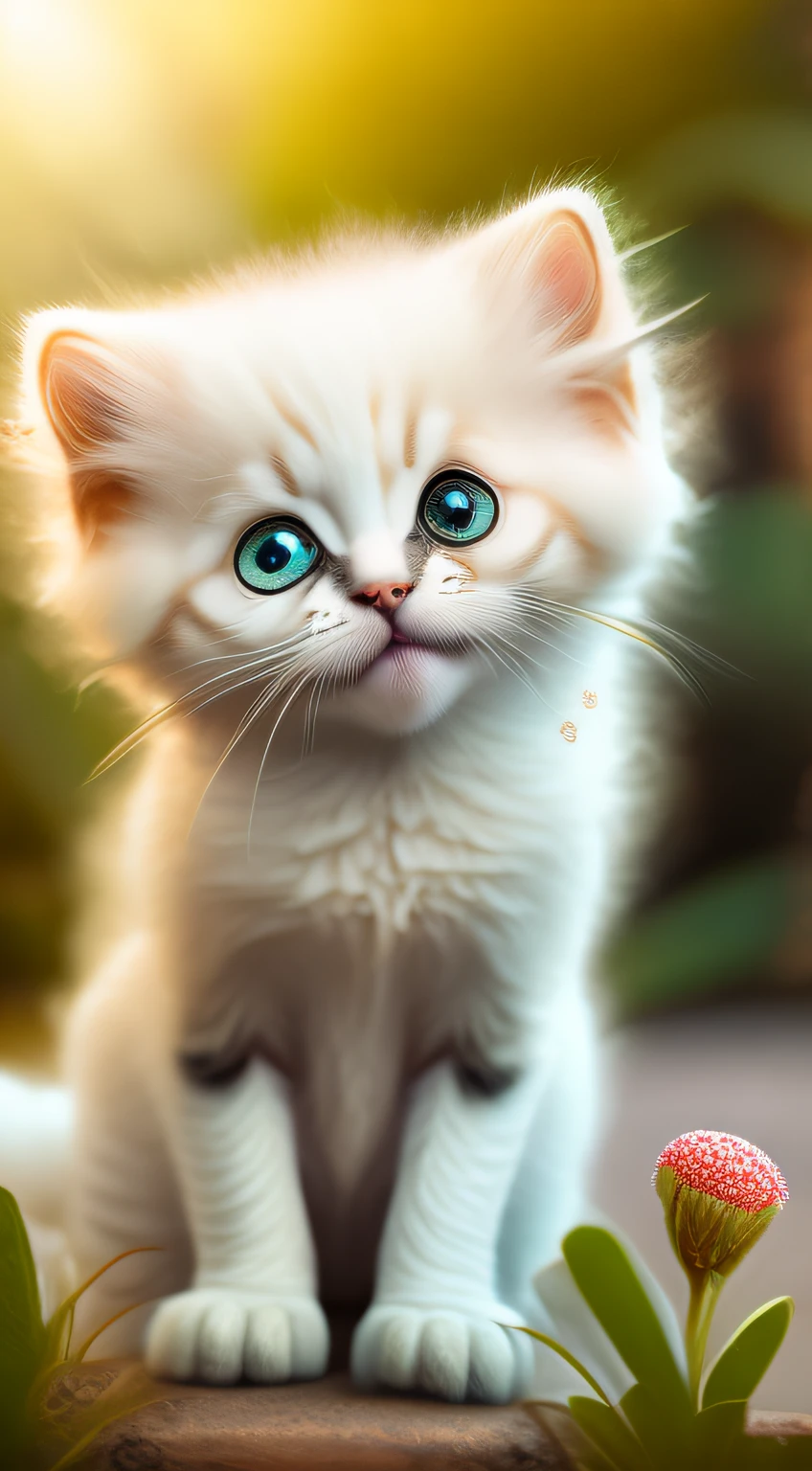 Very cute furry white tropical punk kitten, big eyes, flowers, bushes, full body, open mouth, laugh, professional light, depth of field 8k, golden magic moment, professional photography, octane rendering, super realistic - amazing sunlight, dynamic composition, photography, sharp focus, background bokeh, open mouth, laugh !!!