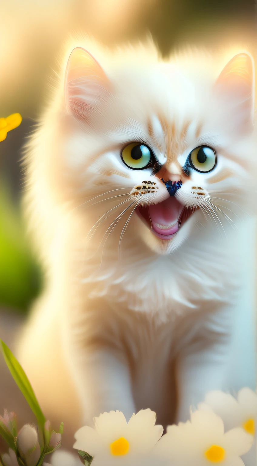 Very cute furry white tropical punk kitten, big eyes, flowers, bushes, full body, open mouth, laugh, professional light, depth of field 8k, golden magic moment, professional photography, octane rendering, super realistic - amazing sunlight, dynamic composition, photography, sharp focus, background bokeh, open mouth, laugh !!!