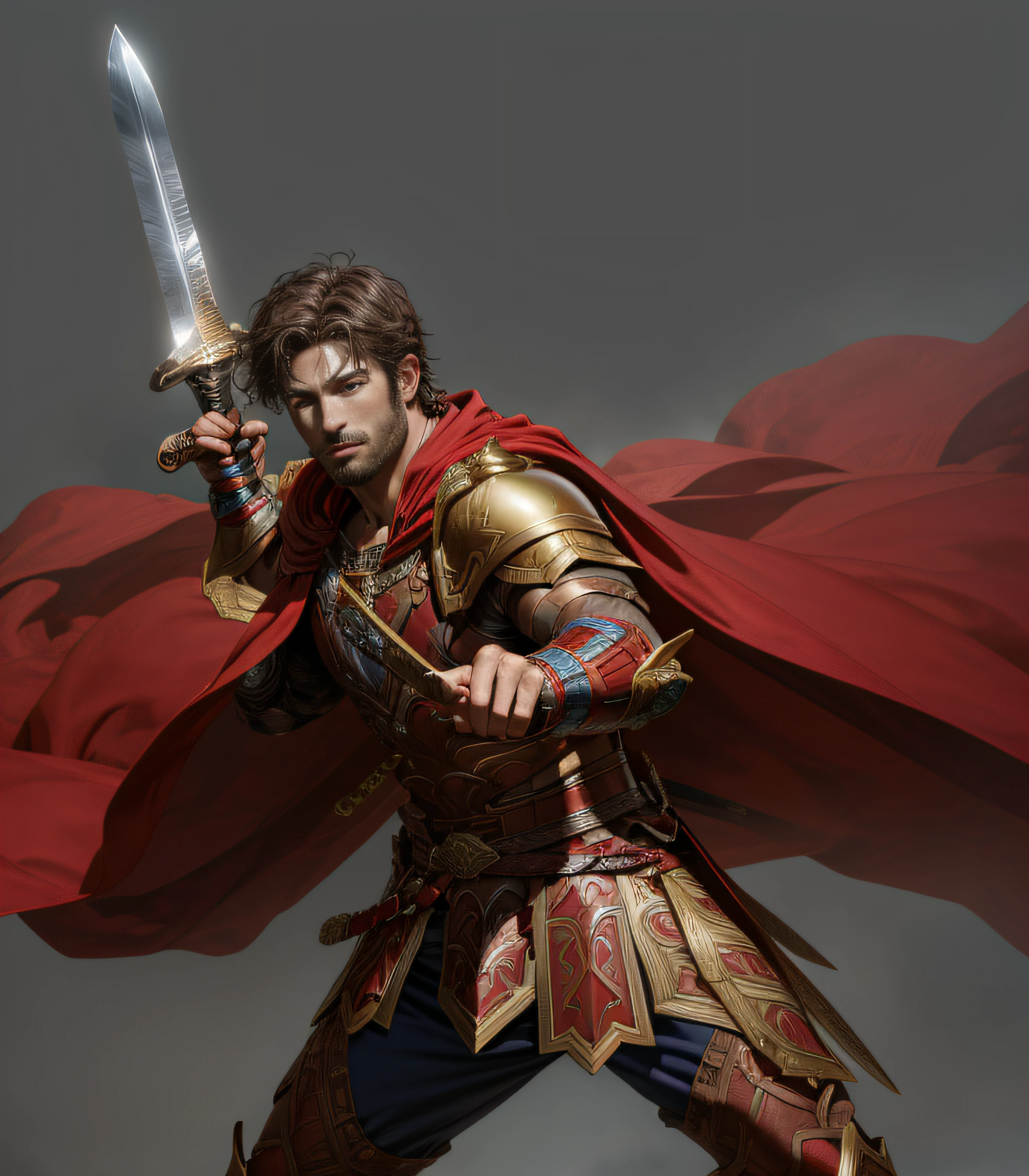 Greek warriors,fanciful,greek myth,Bronze armor,extra very short hair,flathead,brown hair,Masculinity,,Red cape,leathers,chest muscle,Abs,musculature,Strong,One hand open,Extend your palm forward,One -handed sword,ssee-through,