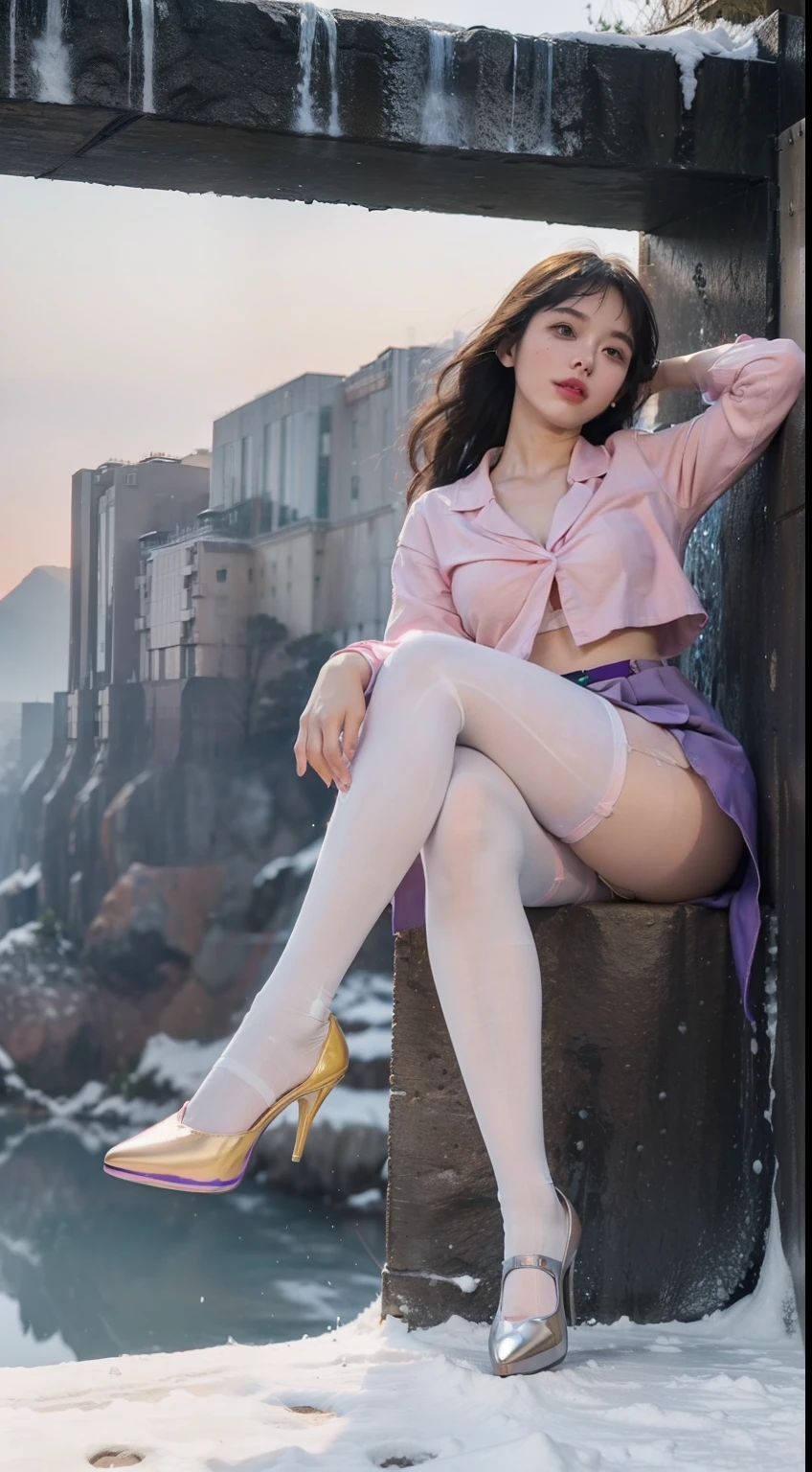 (full bodyesbian:2),(1girll:1.2),(Reveal high heels,A perfect match to the picture:1.1), (anatomy correct:1.3), (100D thickness pantyhose:1.4),(The figure is at the top of the mountain|on a snowy mountain|over the sea|in the water|On the boat|Top of high-rise building|On the street|in woods|at the lakes|In front of the waterfall|in an airplane|In space|In the palace|In glass|In the sewers|In the mud|in a Petri dish|Nuclear wastewater|venomize:1.1),(Dressed in gorgeous Japanese printed JK student uniforms), (Polished pointed toe heels:1.6), (Stockings reflective:1.5),(In pink|amarelo|blue colors|green color|red colour|white colors|black in color|purpleish color|greys|Beige|Flesh-colored:1.3),(Accurate and perfect face:1.4),A shallow laugh,,hyper HD, Ray traching, reflective light,structurally correct, Award-Awarded, high detal, lightand shade contrast, Face lighting,cinmatic lighting, tmasterpiece, super detailing, high high quality, high detal, best qualityer, 16k,