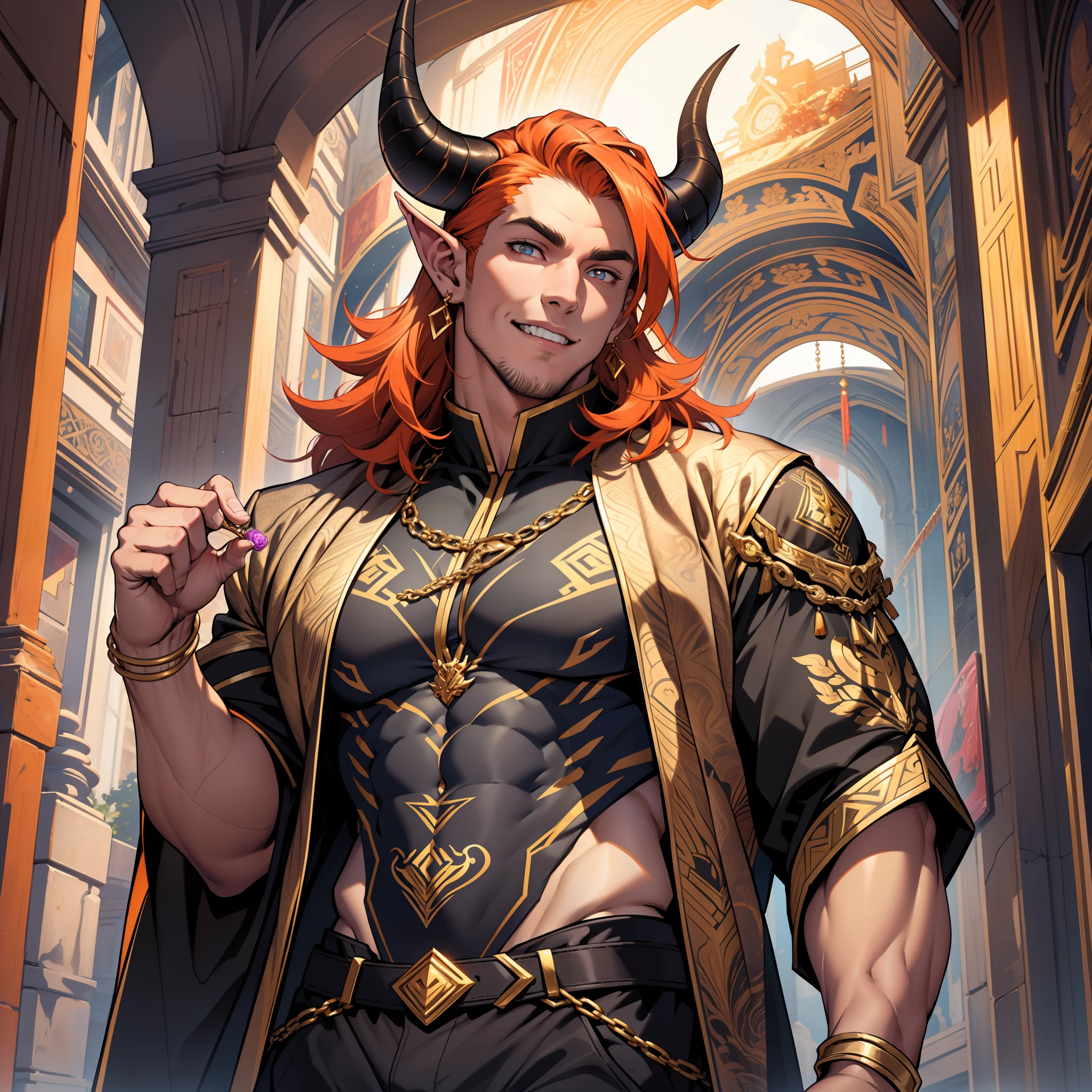 I have golden eyes, just like my friend Ares. I have bright orange hair, the color of a sunset. My skin is the perfect shade of light golden and I have pointed ears. I am quite tall and have a muscular body. I'm pretty cute if I do say so myself, which I do. Big muscular body. Horns. Piercings. Wearing clothes fitted for a demon Prince. Shorns. Black and gold robe. face with strong jaw. Roman nose. Smiling. Eating candy. Palace. Youthful look. Buff male. Bulge in pants