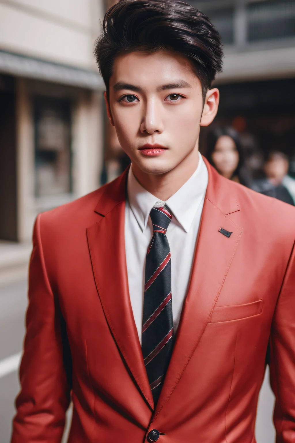 Asian male model on the street,and his wedding car,Cool red car,SLR in hand,Suit tie