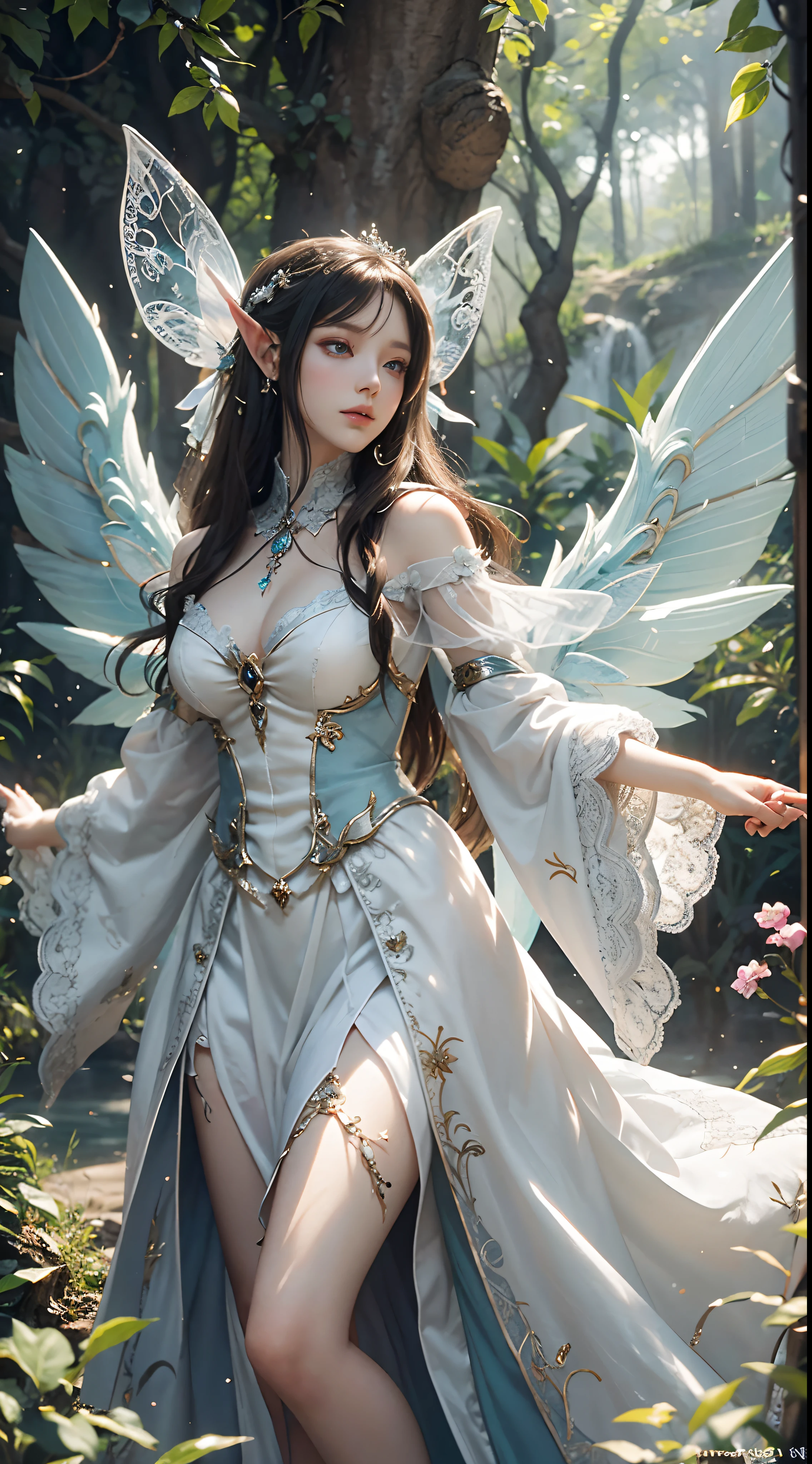 tmasterpiece,top-quality,orthofacial,Dressed in white,White angel wings,Elves flutter in the air,An ancient and mysterious palace,Fantastic white,A sense of fatalism,best qualtiy,Main layout,Light lighting,Ishimaru,the elf,Gauze sleeves,water fairy,closeup fantasy with water magic,Pixie in hand,Hand cast spells,Ethereal fantasy,fairy aesthetics,astral fairy,Beautiful Elf Queen,ethereal fairytale,fantasy aesthetic!,Fairy tale core,anime cosplaying,EtherealBeauty,Fantasy art style,Anime girl role play,Ethereal fantasy,Beautiful fairy in white