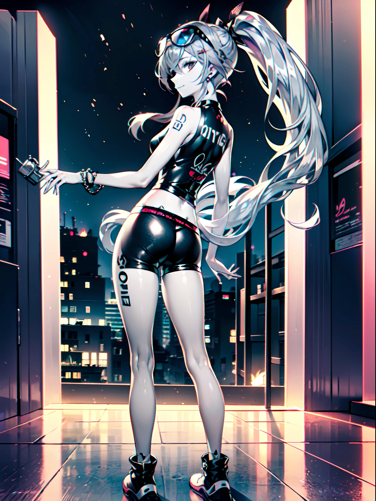 (masterpiece:1.2), (pale skin:1.2), (8k:1.2), ((solo)), (female), (silver hair:1.2), (hipster:1.2), (hipster clothes:1.4), exterior, city, (night:1.1), smile, ponytail, (closed mouth:1.1), (modern style:1.2)