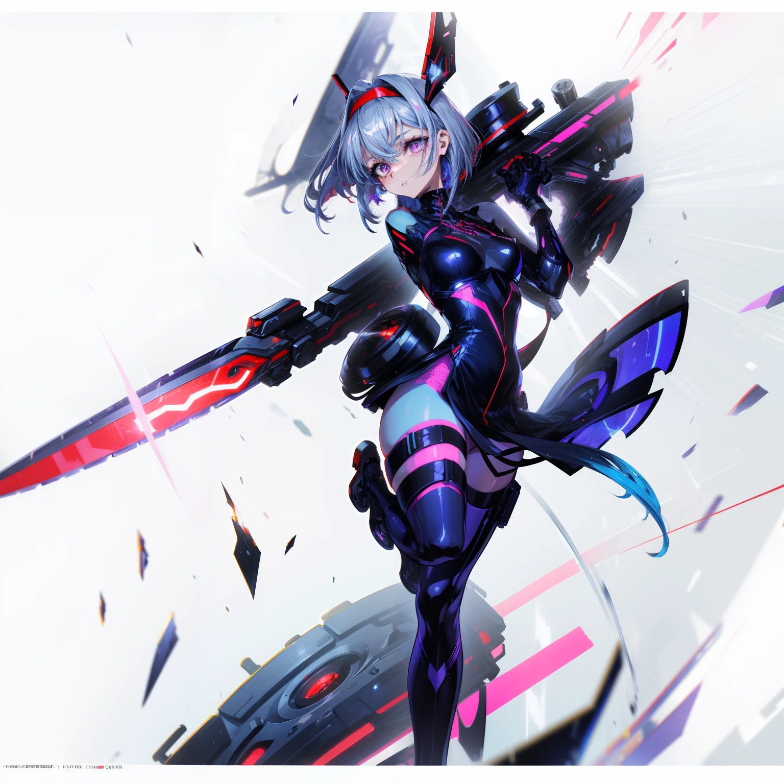 Beautiful girl in futuristic cyber bodysuit style maid outfit。Image color is blue-violet。highleg。Eyes glow red。Red mechanical headband。falda corta。Blades lined like a chainsaw at the hem of the skirt。Falx in both hands。Blue-violet and silver hair。short-hair。A red fin-shaped ribbon is worn at the waist。Red crystals on the forehead。Metal accessories with aggressive design。