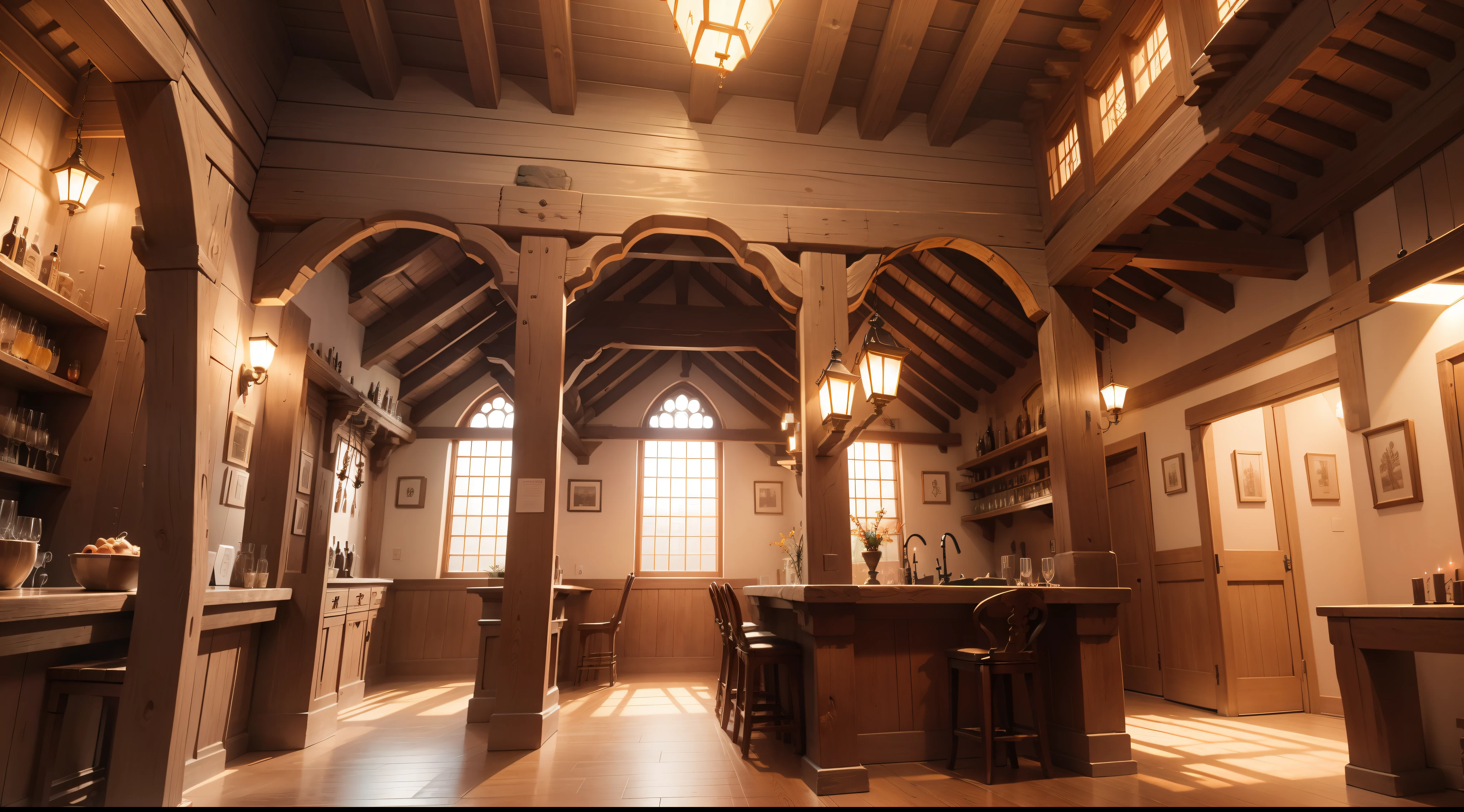 Buildings with wooden beams, Buttress, liang, Wooden support, interior view,、Ghibli、Made of stone and wood、hiquality、medieval times、Western style、Italian style、Salon、The back is a wall without windows、bar、There are no people、silence