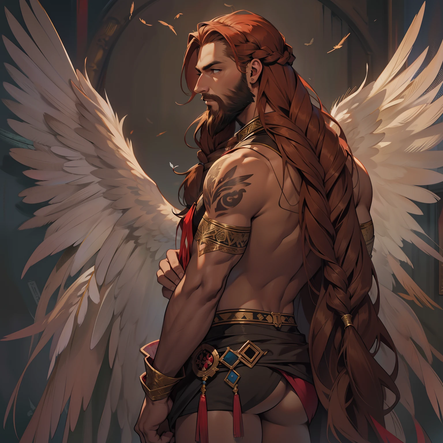 He is an Archangel. He has very long auburn hair that reaches the middle of his back, adorned with a few braids and decorated with feathers. He is extremely tall with a beard and dark brown eyes. He is known as a gentle giant. He is wearing panties and bra.